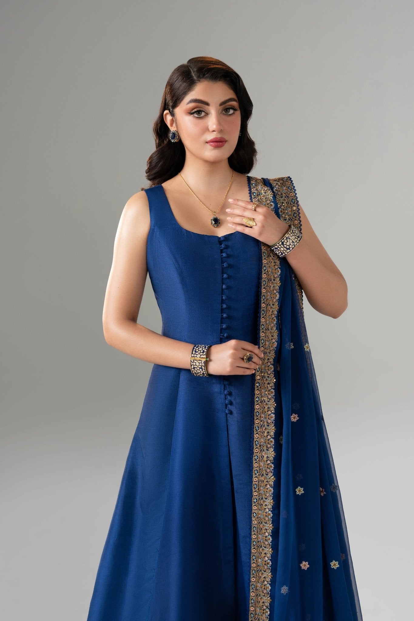 Pakistani Vibrant Blue Embroidered Raw Silk Kurta Set (3-Piece) - Image 7