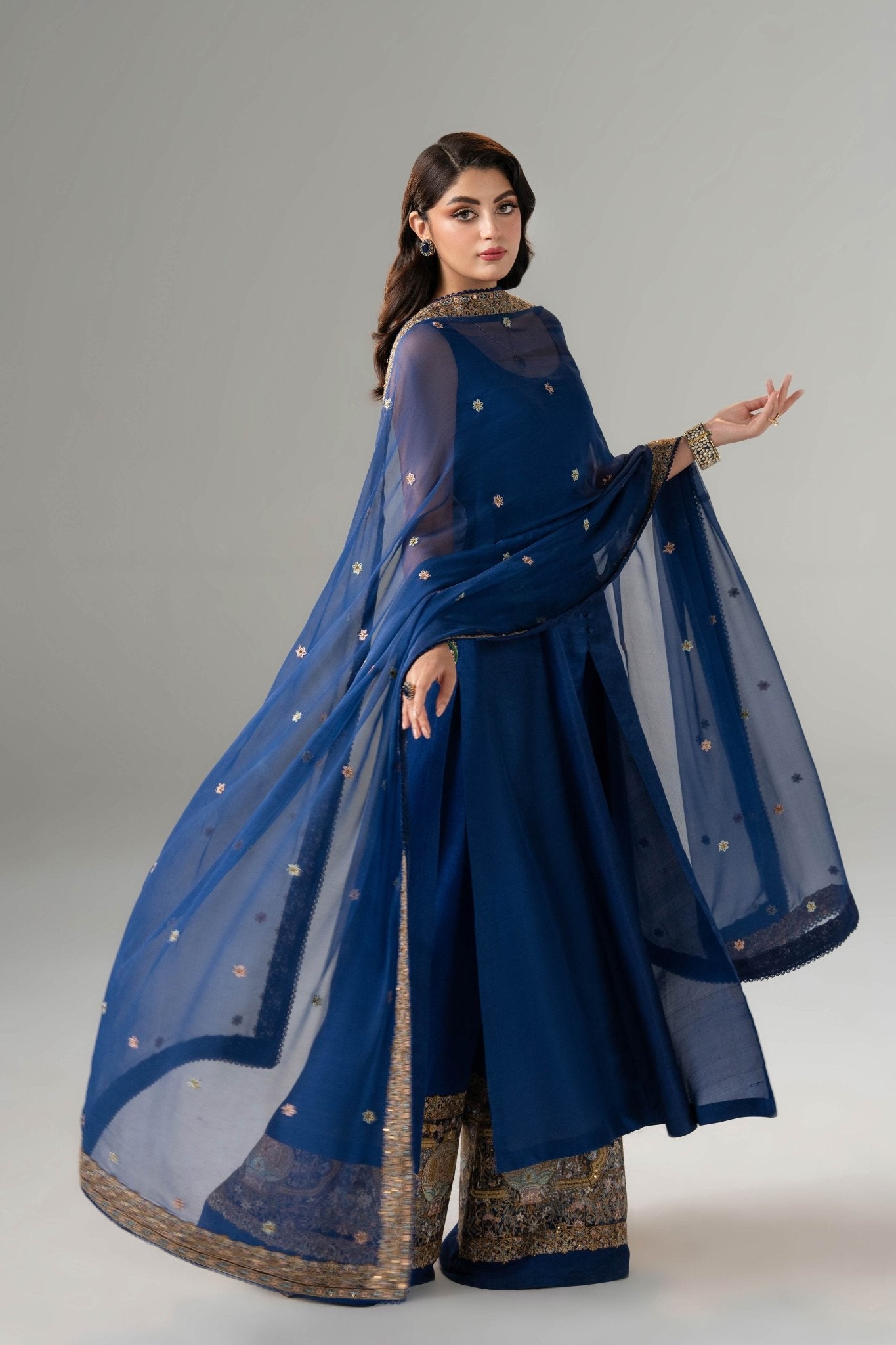 Pakistani Vibrant Blue Embroidered Raw Silk Kurta Set (3-Piece) - Image 8