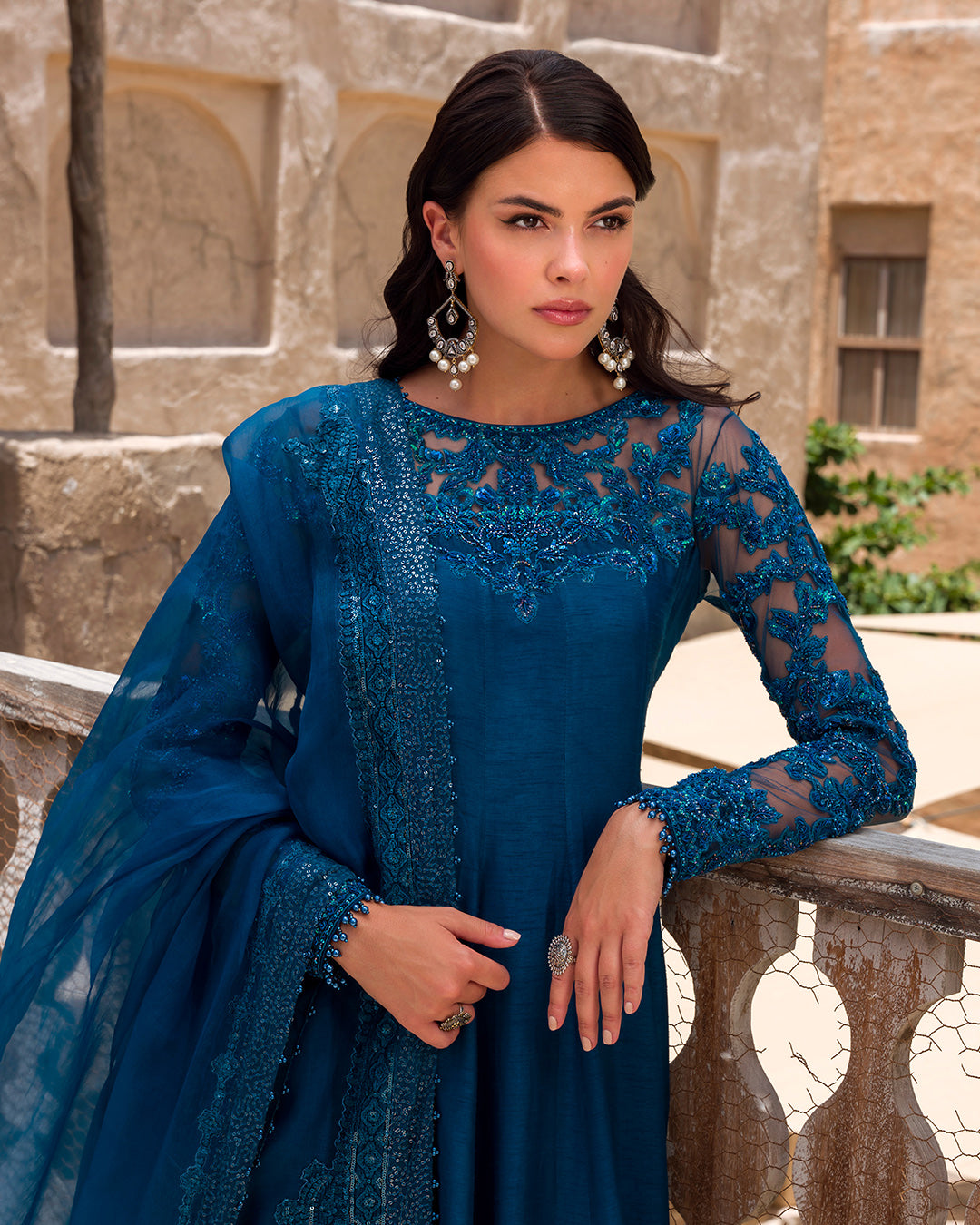 Pakistani Cobalt Blue Embellished Korean Raw Silk Long Shirt (3-Piece) - Image 2