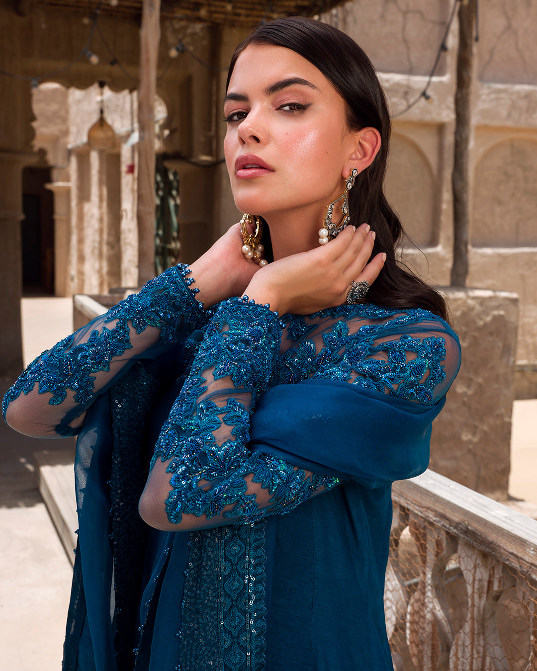 Pakistani Cobalt Blue Embellished Korean Raw Silk Long Shirt (3-Piece) - Image 4