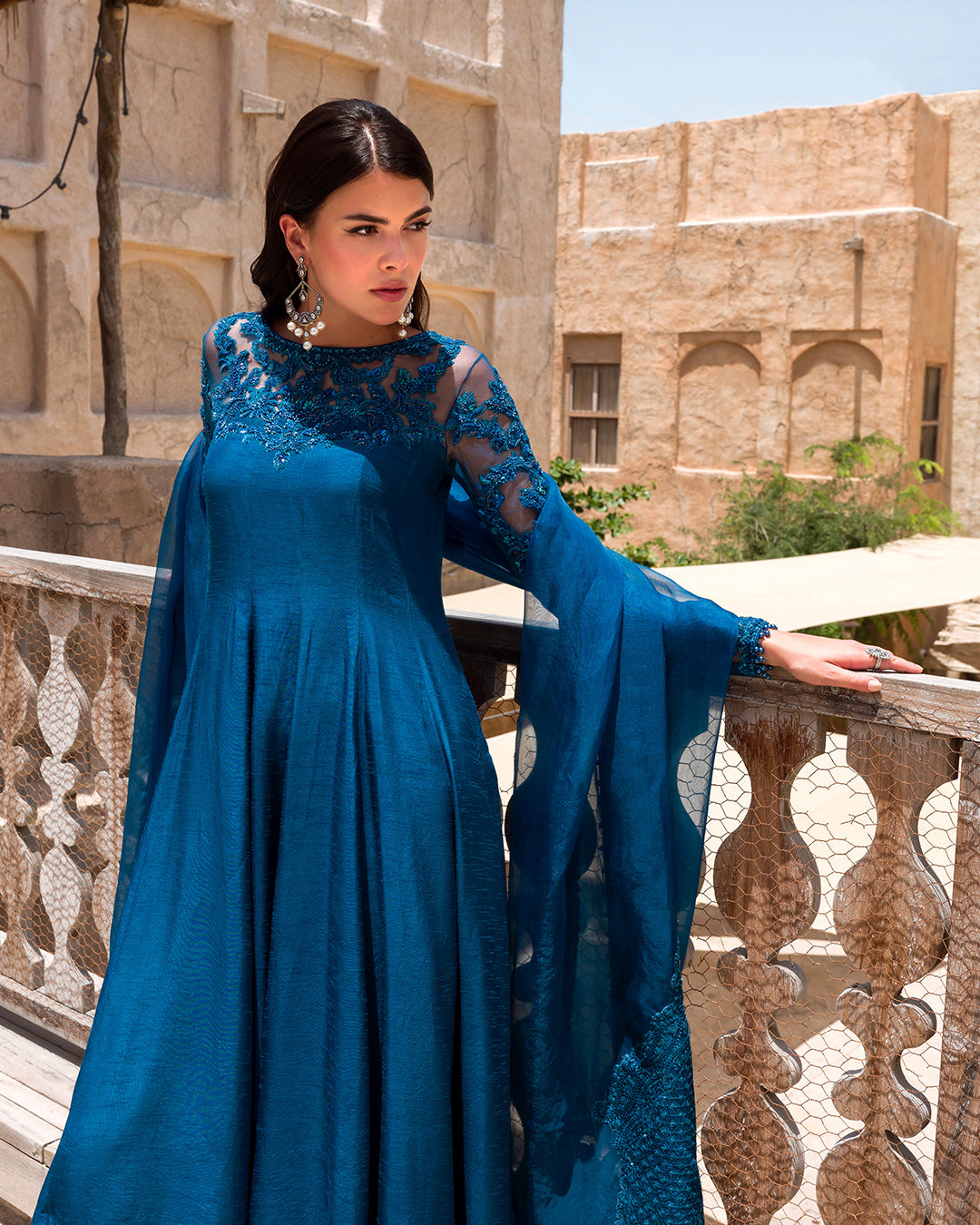 Pakistani Cobalt Blue Embellished Korean Raw Silk Long Shirt (3-Piece) - Image 5