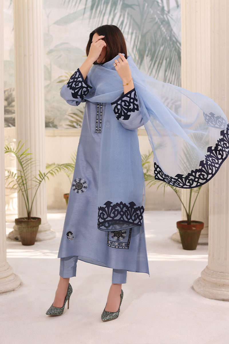 Steel Blue Embroidered Raw Silk Salwar Kameez (3-Piece) - Image 2