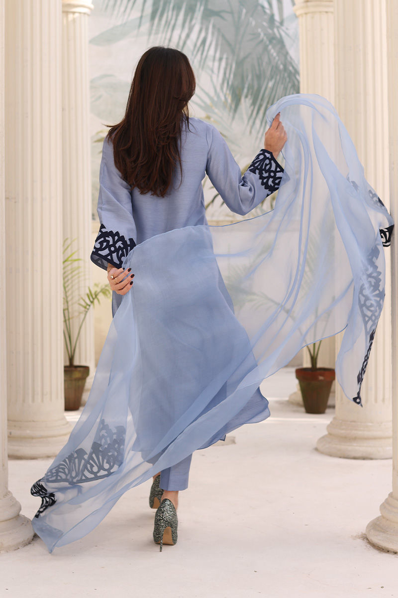 Steel Blue Embroidered Raw Silk Salwar Kameez (3-Piece) - Image 3
