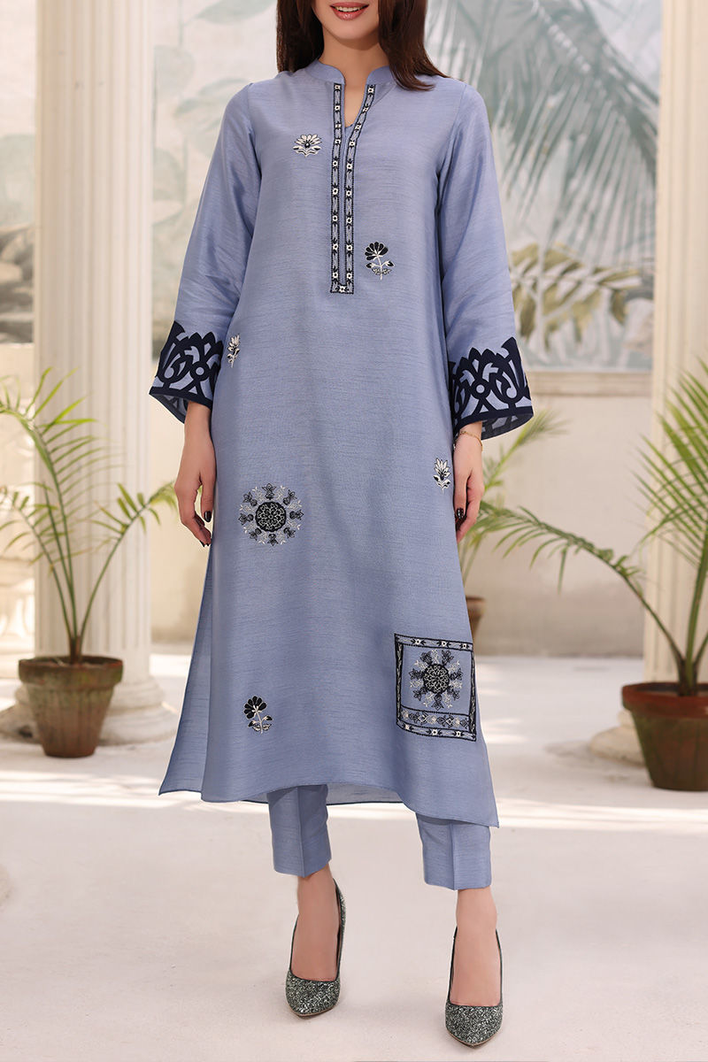 Steel Blue Embroidered Raw Silk Salwar Kameez (3-Piece) - Image 4