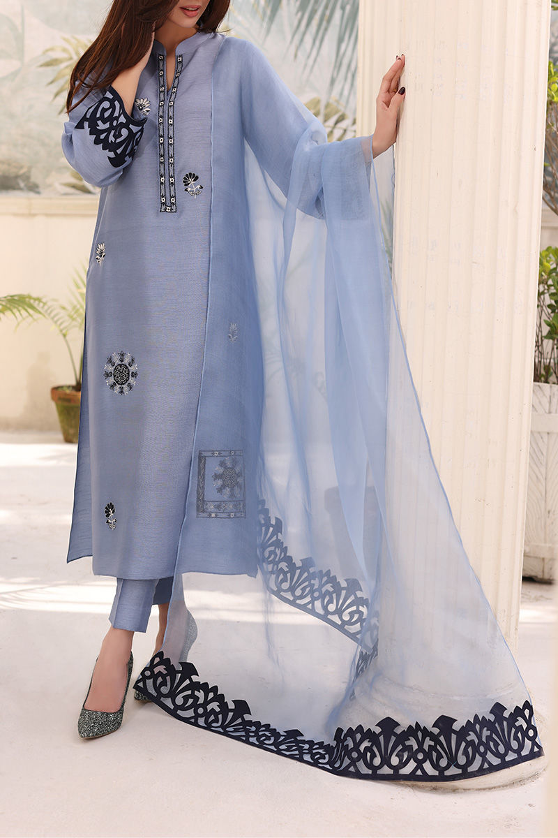 Steel Blue Embroidered Raw Silk Salwar Kameez (3-Piece) - Image 5