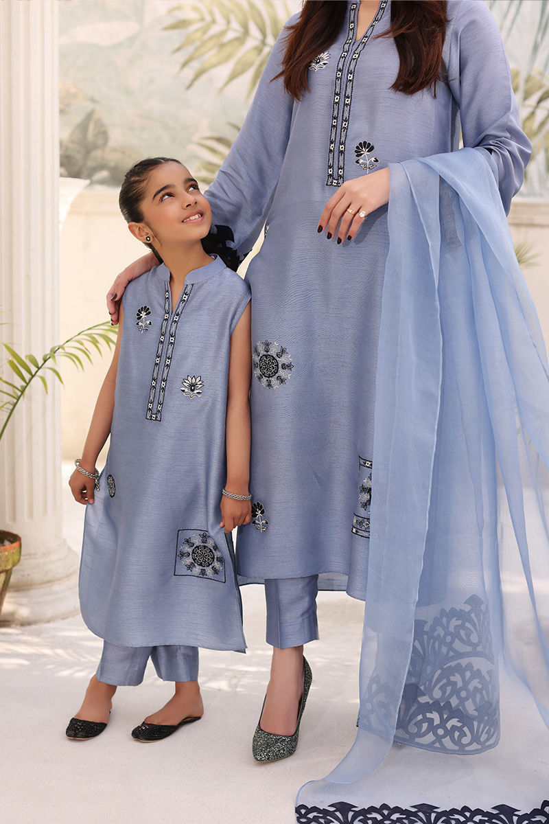 Steel Blue Embroidered Raw Silk Salwar Kameez (3-Piece) - Image 8