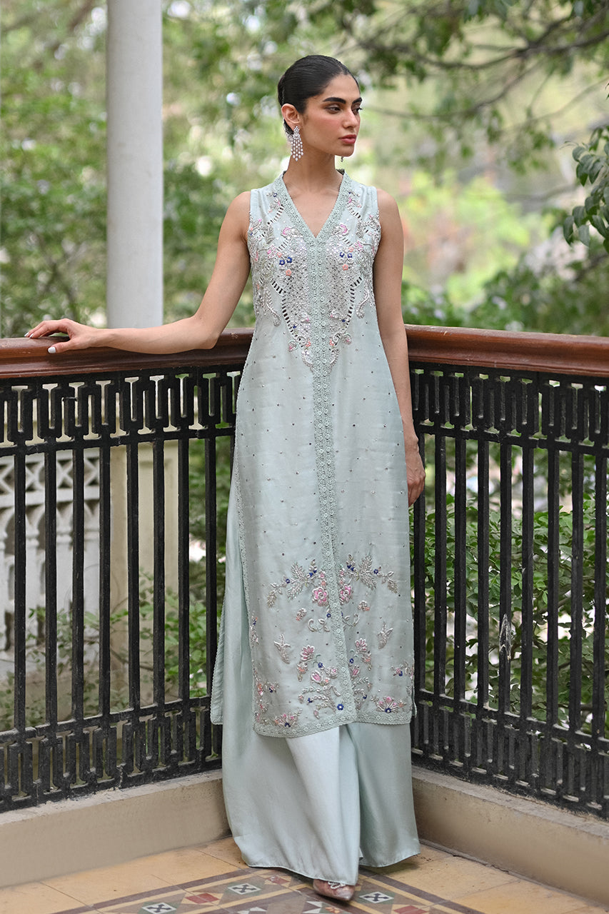 Pakistani Light Blue Embroidered Raw Silk Salwar Kameez (2-Piece) - Image 1
