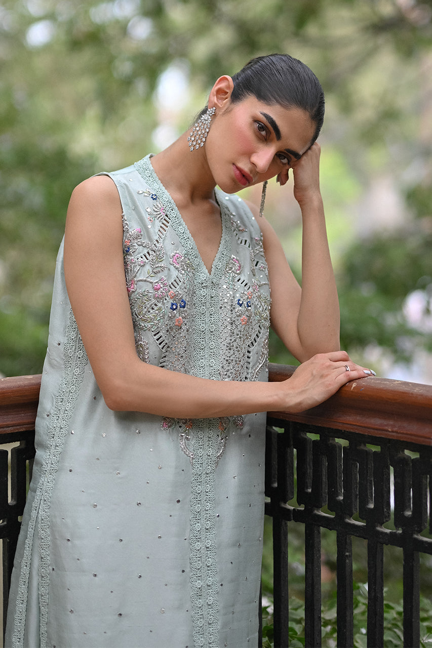 Pakistani Light Blue Embroidered Raw Silk Salwar Kameez (2-Piece) - Image 2