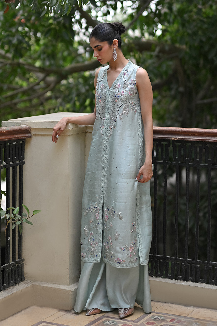 Pakistani Light Blue Embroidered Raw Silk Salwar Kameez (2-Piece) - Image 3