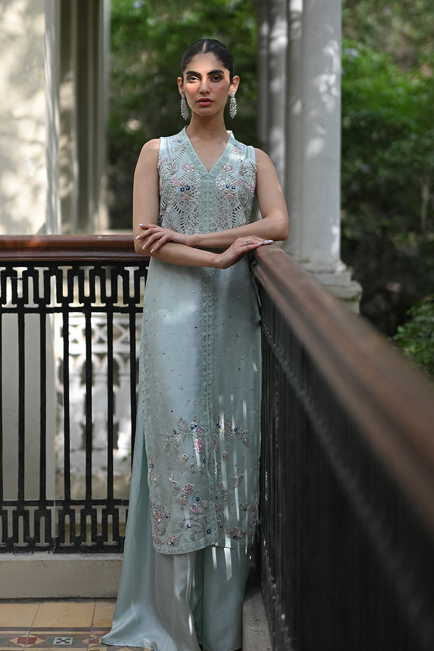 Pakistani Light Blue Embroidered Raw Silk Salwar Kameez (2-Piece) - Image 4