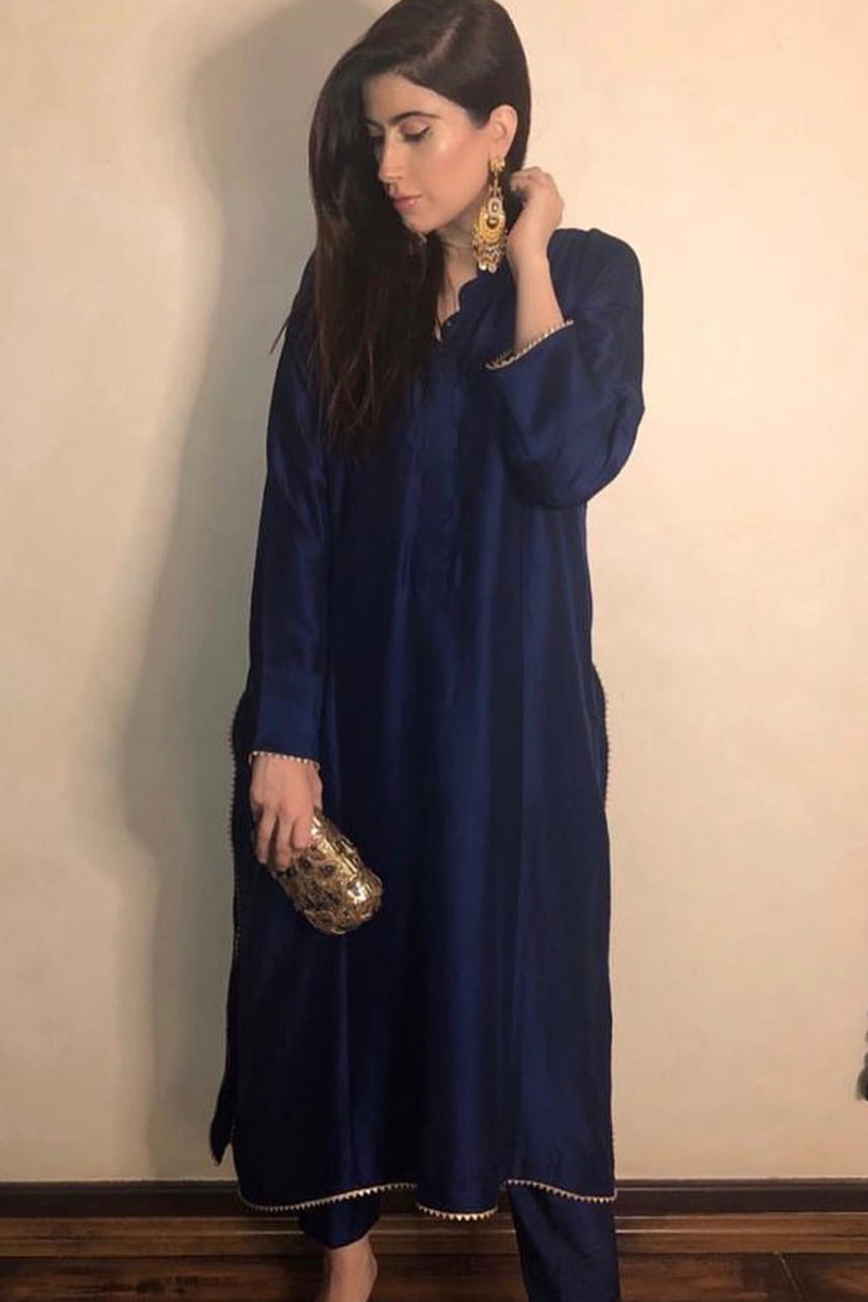 Cobalt Blue Gold-Edged Raw Silk Kurta Set (2-Piece) - Image 1