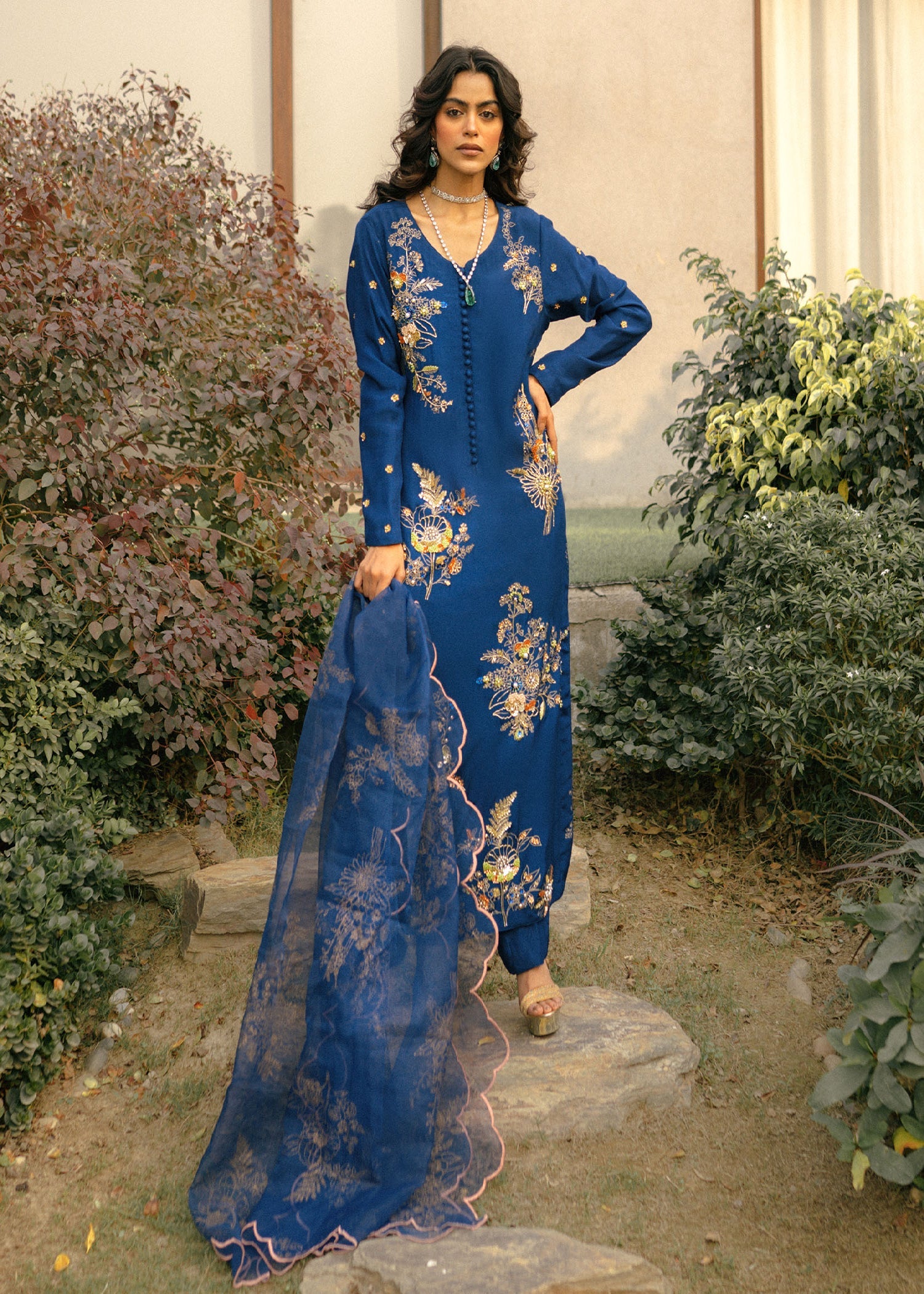 Deep Sapphire Embroidered Raw Silk Kurta Set (3-Piece) - Image 1