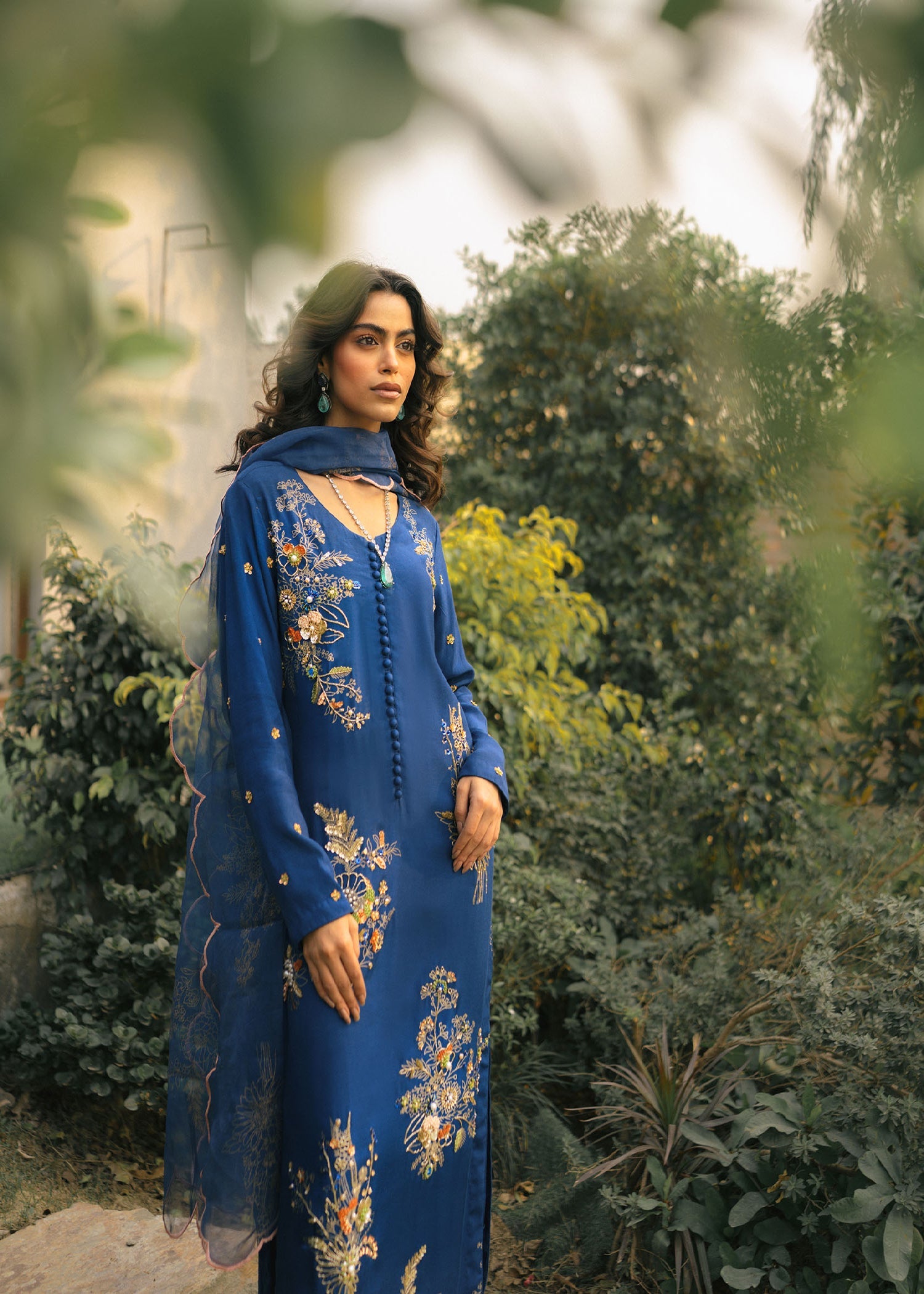 Deep Sapphire Embroidered Raw Silk Kurta Set (3-Piece) - Image 2