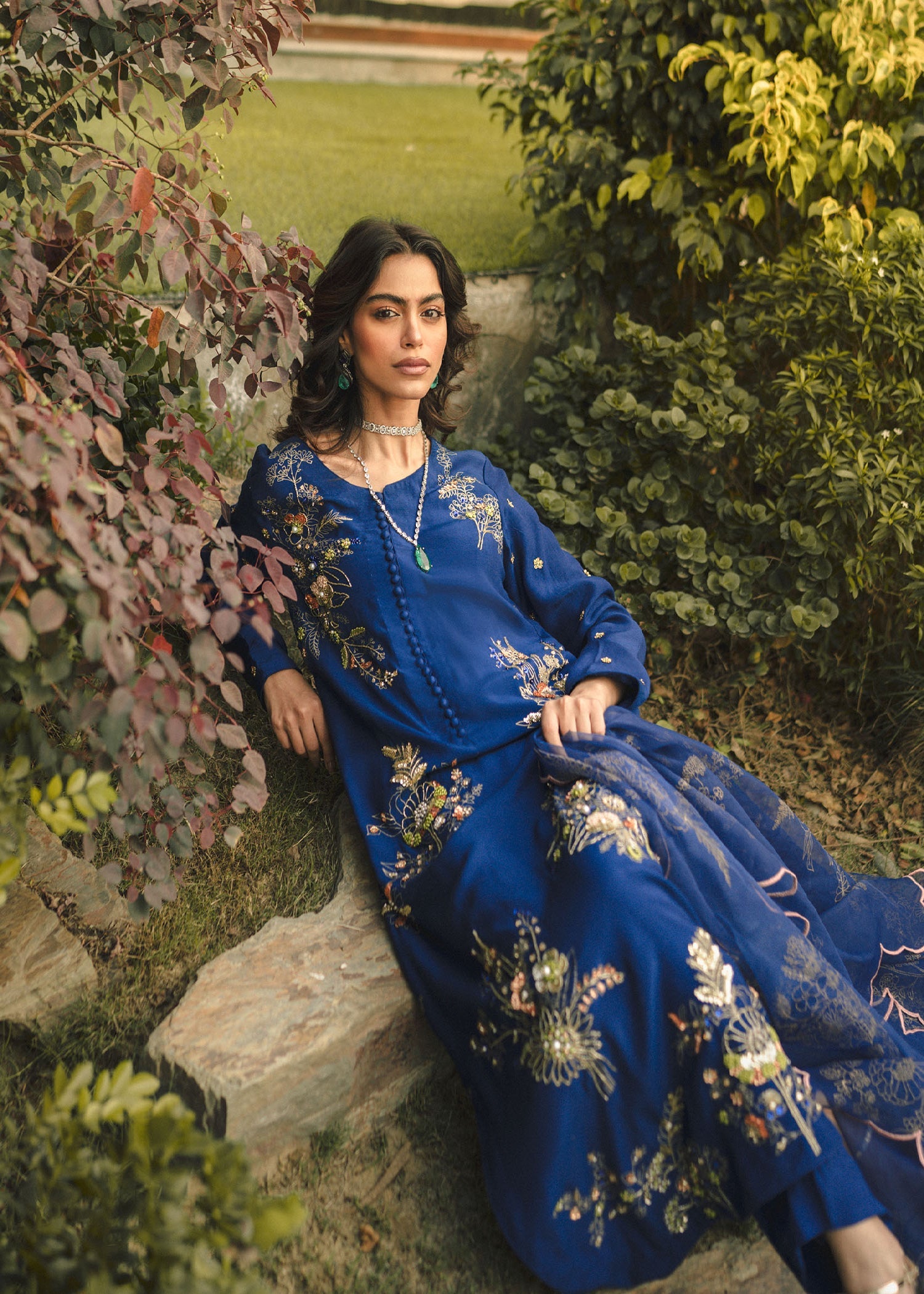 Deep Sapphire Embroidered Raw Silk Kurta Set (3-Piece) - Image 3