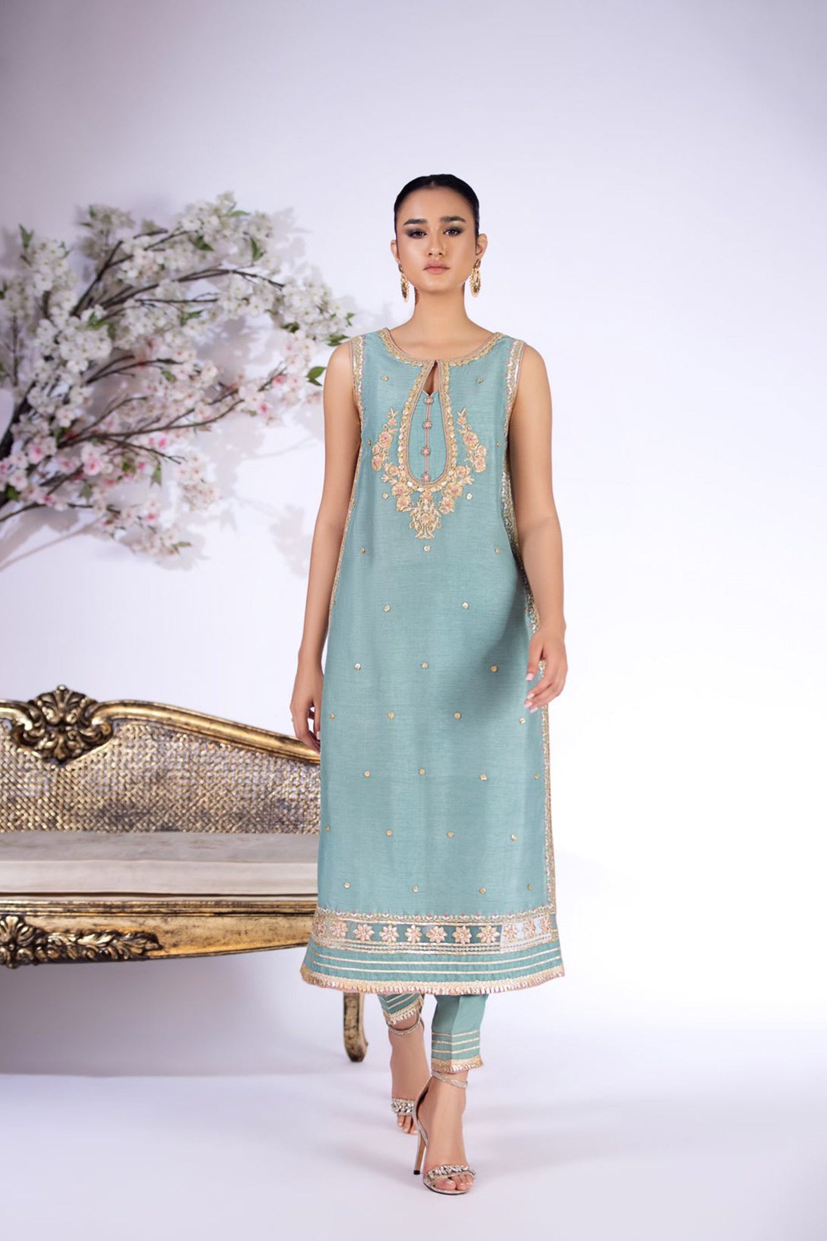 Teal Blue Gota Resham Raw Silk Salwar Kameez (2-Piece) - Image 1