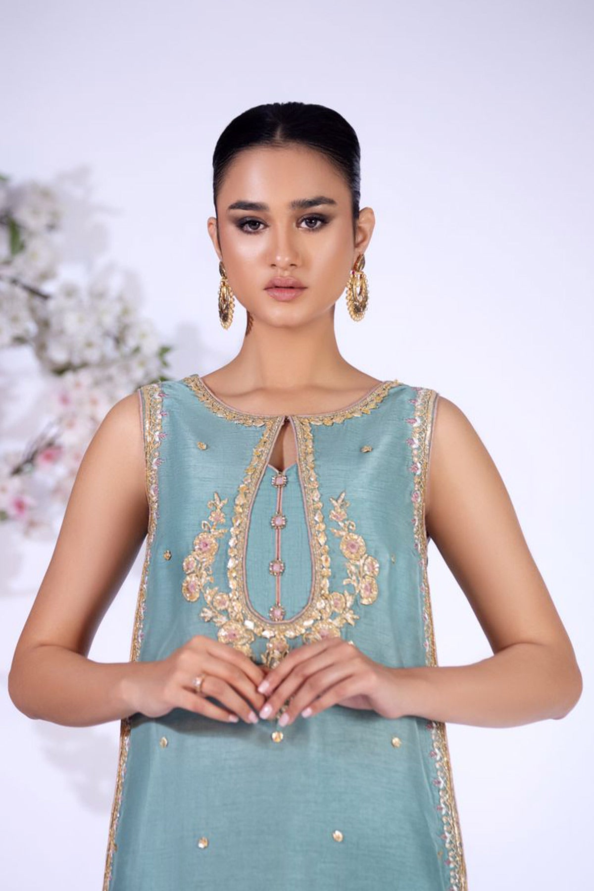 Teal Blue Gota Resham Raw Silk Salwar Kameez (2-Piece) - Image 2