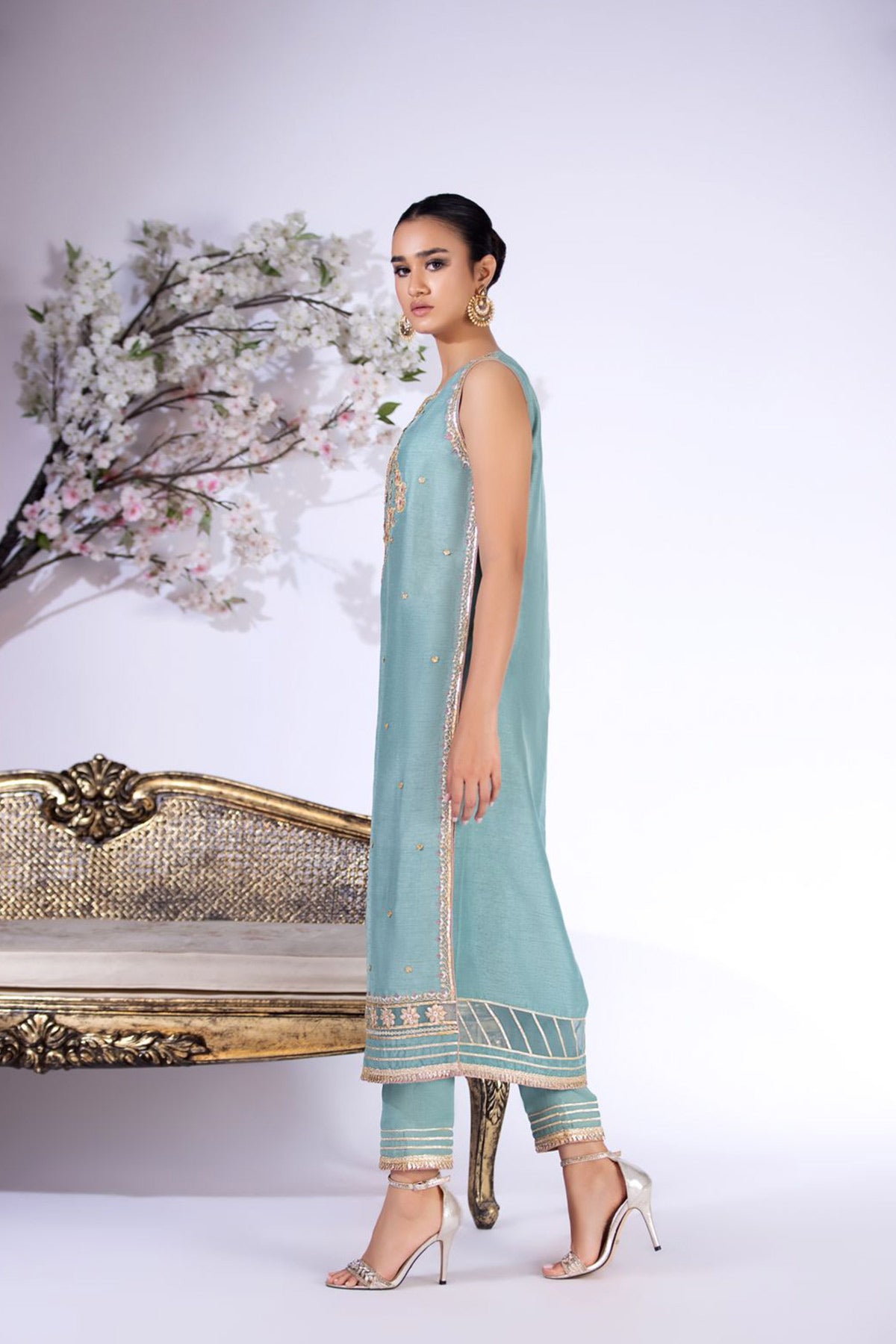 Teal Blue Gota Resham Raw Silk Salwar Kameez (2-Piece) - Image 3