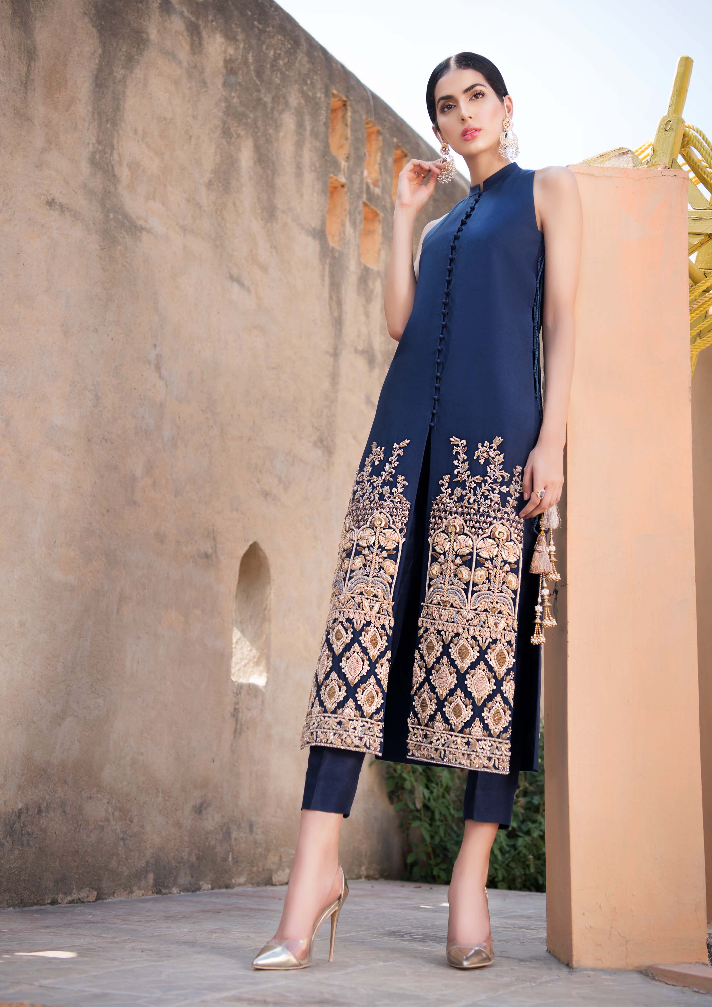 Pakistani Midnight Blue Embroidered Raw Silk Long Jacket (2-Piece) - Image 1