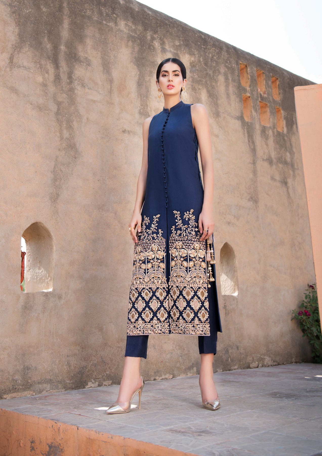 Pakistani Midnight Blue Embroidered Raw Silk Long Jacket (2-Piece) - Image 3