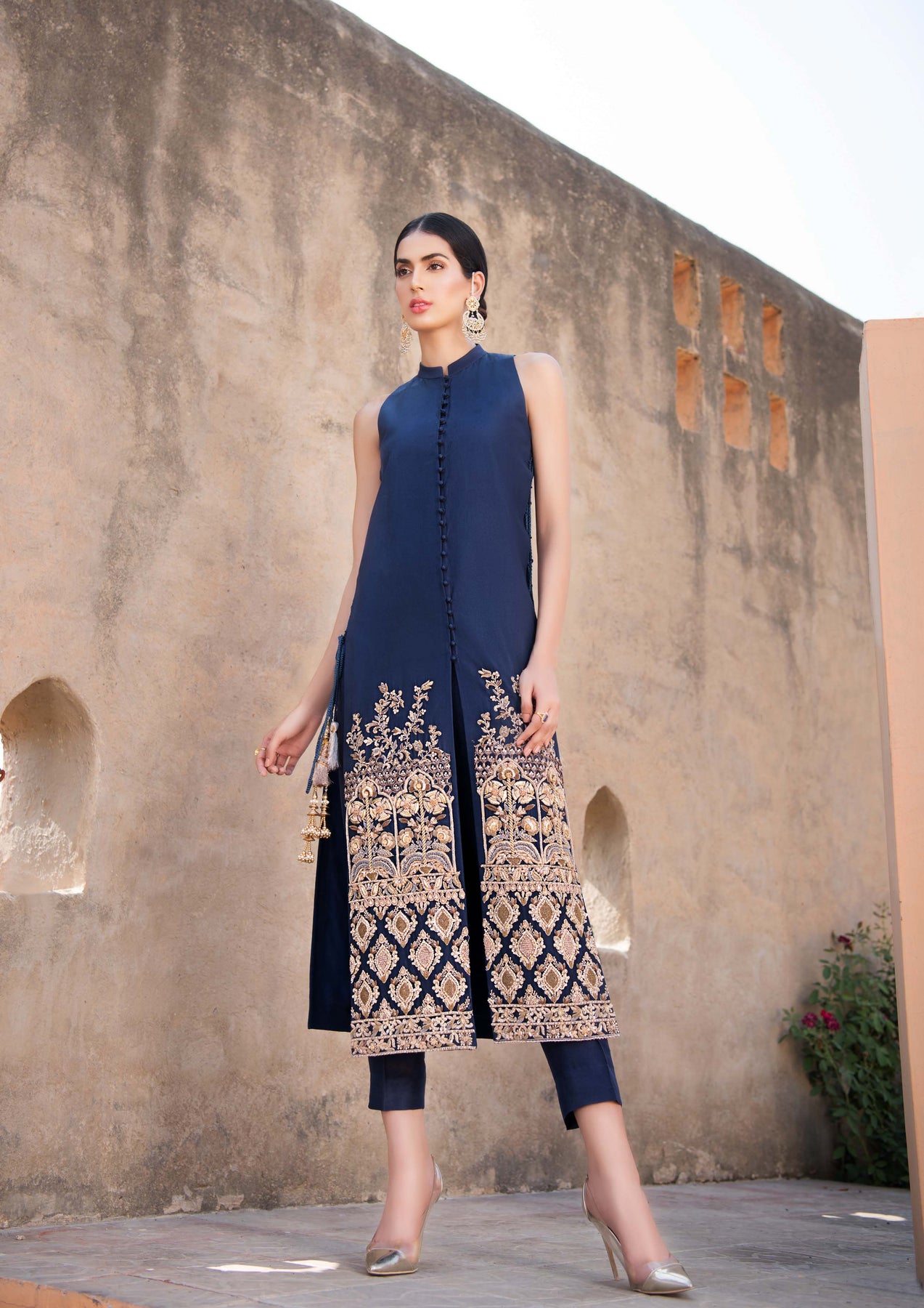 Pakistani Midnight Blue Embroidered Raw Silk Long Jacket (2-Piece) - Image 4