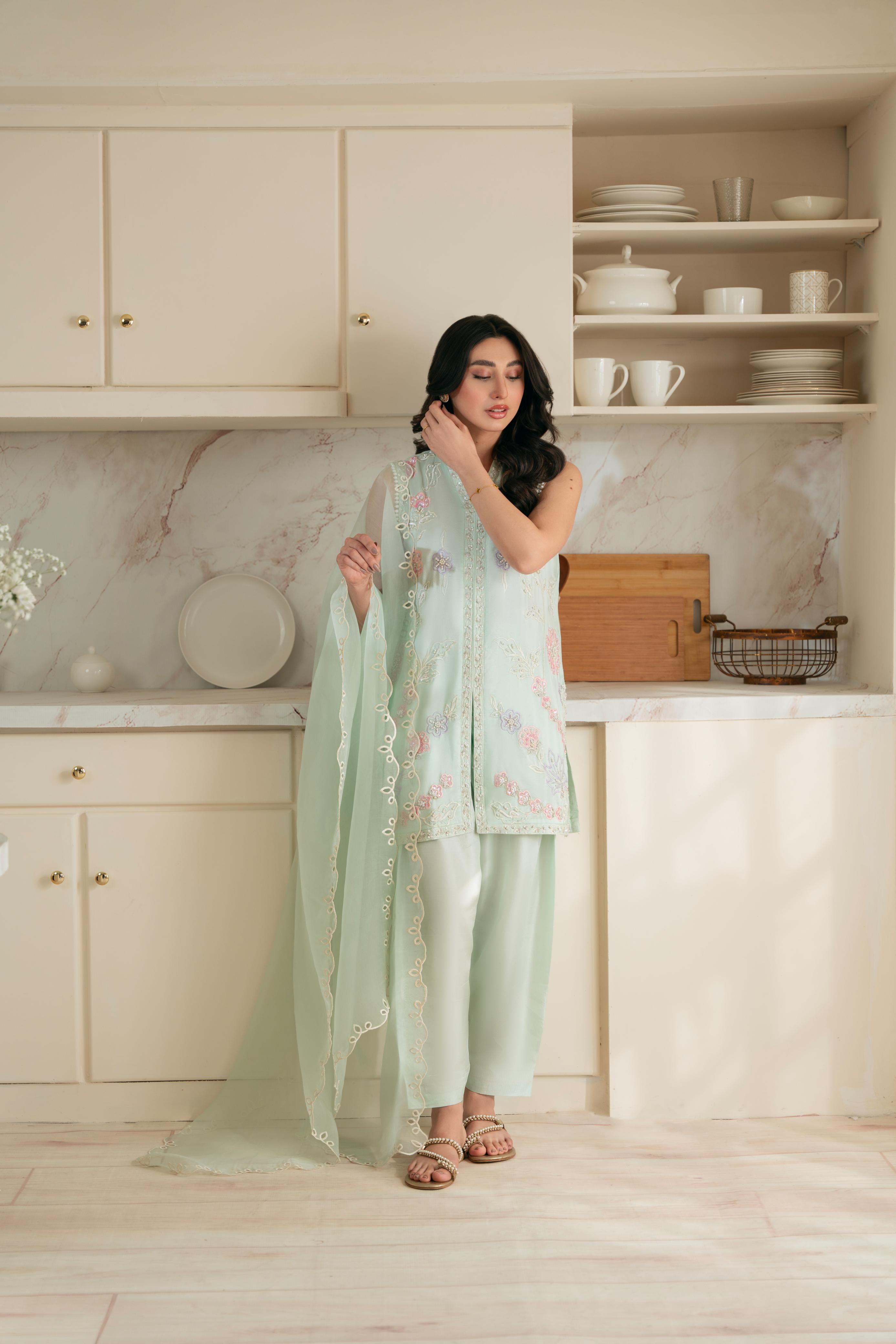 Pakistani Ice Blue Hand Ada Work Raw Silk Salwar Kameez (3-Piece) - Image 1