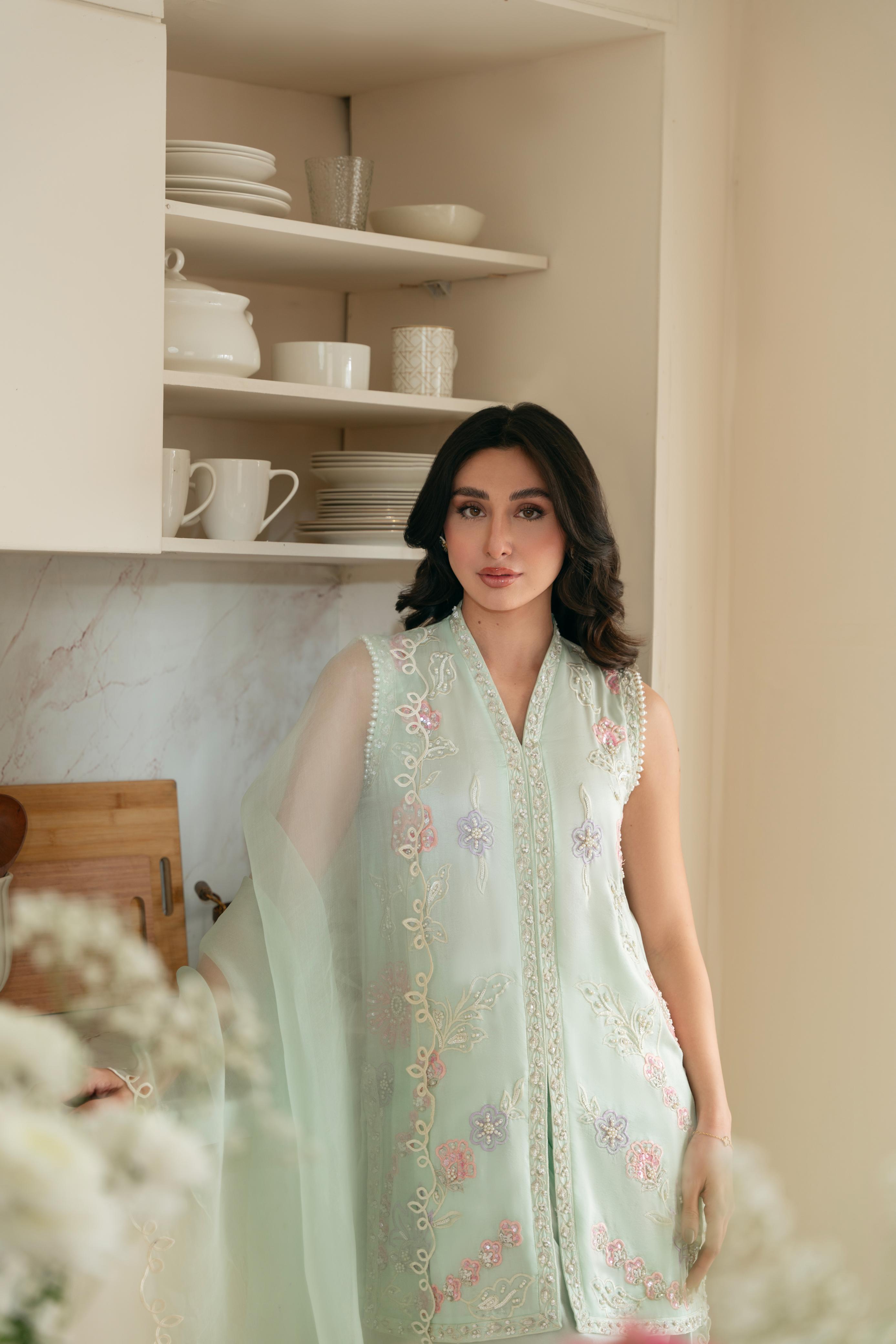 Pakistani Ice Blue Hand Ada Work Raw Silk Salwar Kameez (3-Piece) - Image 2