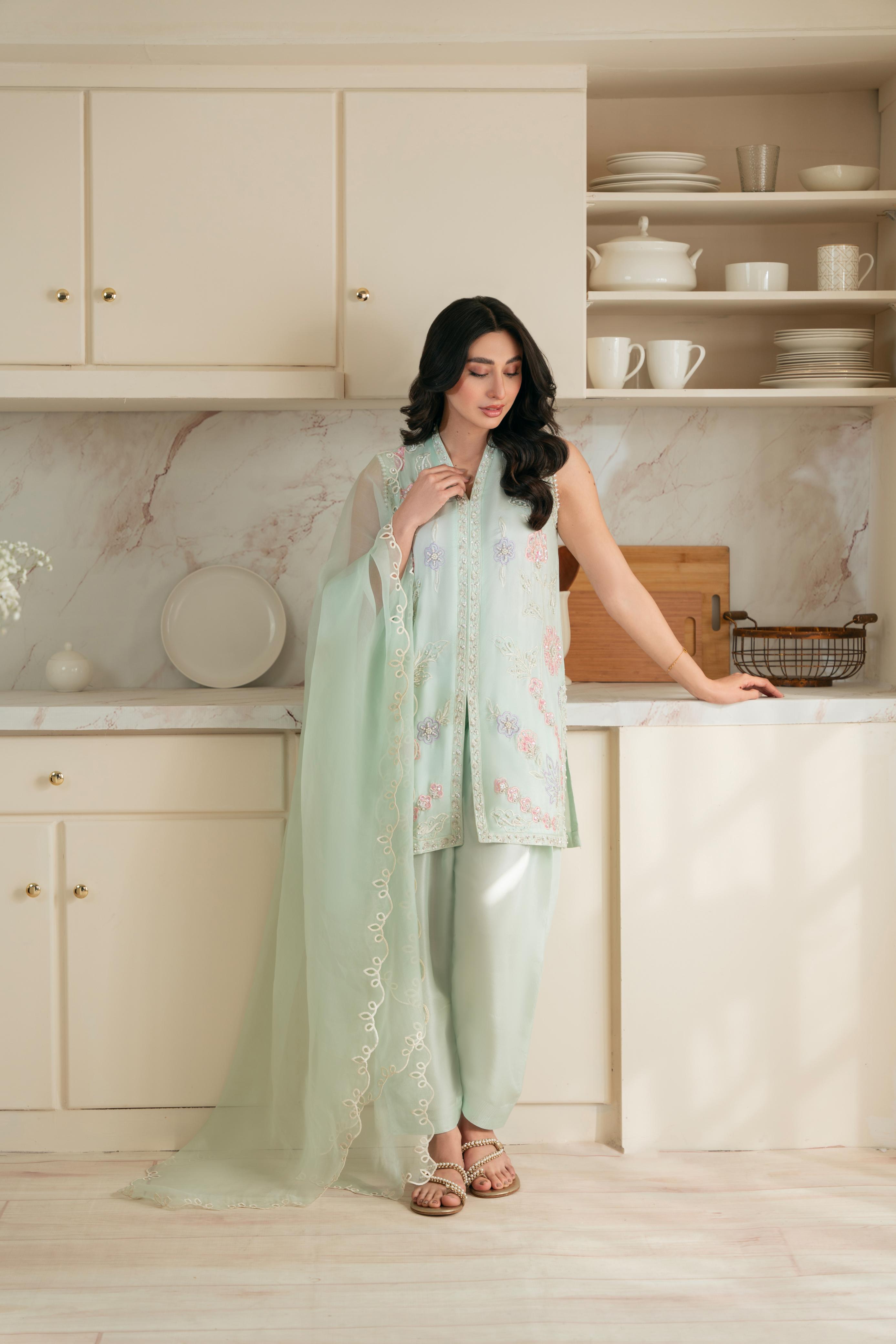 Pakistani Ice Blue Hand Ada Work Raw Silk Salwar Kameez (3-Piece) - Image 4