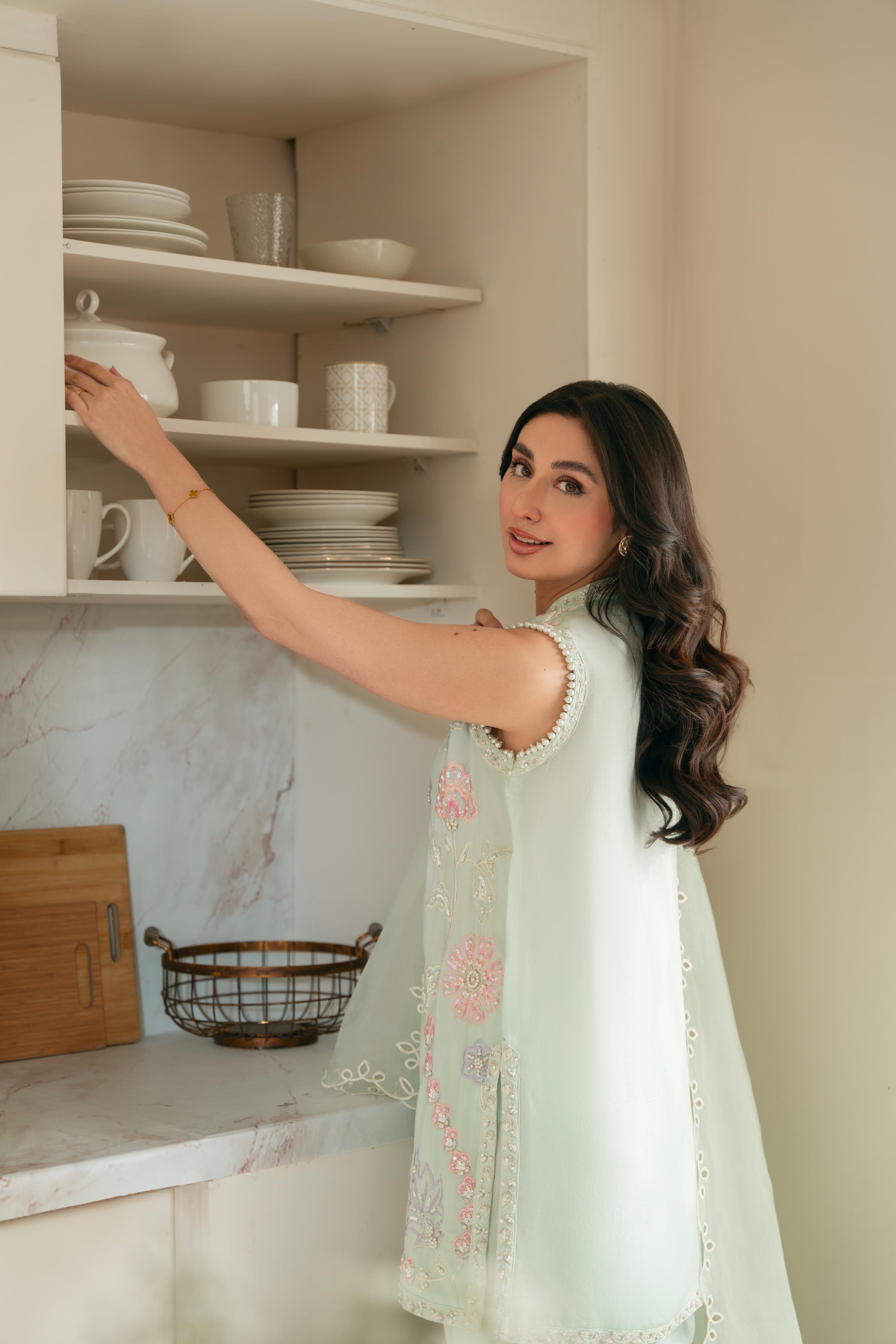 Pakistani Ice Blue Hand Ada Work Raw Silk Salwar Kameez (3-Piece) - Image 5