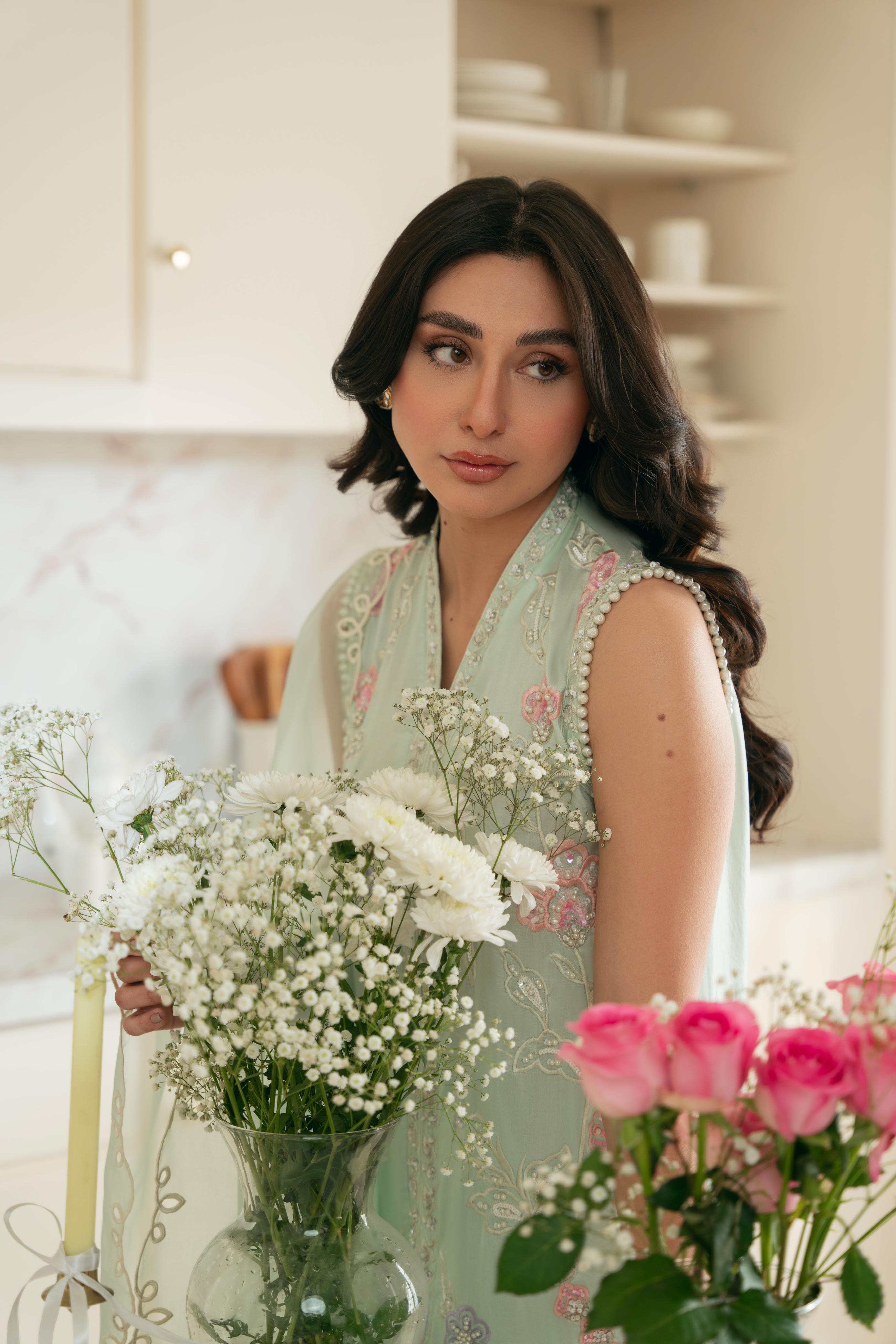 Pakistani Ice Blue Hand Ada Work Raw Silk Salwar Kameez (3-Piece) - Image 7