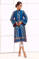 Pakistani Sapphire Blue Hand Block Printed Raw Silk Salwar Kameez (2-Piece) - Image 2