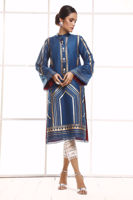 Pakistani Sapphire Blue Hand Block Printed Raw Silk Salwar Kameez (2-Piece) - Image 3