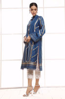 Pakistani Sapphire Blue Hand Block Printed Raw Silk Salwar Kameez (2-Piece) - Image 4
