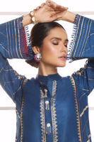 Pakistani Sapphire Blue Hand Block Printed Raw Silk Salwar Kameez (2-Piece) - Image 6