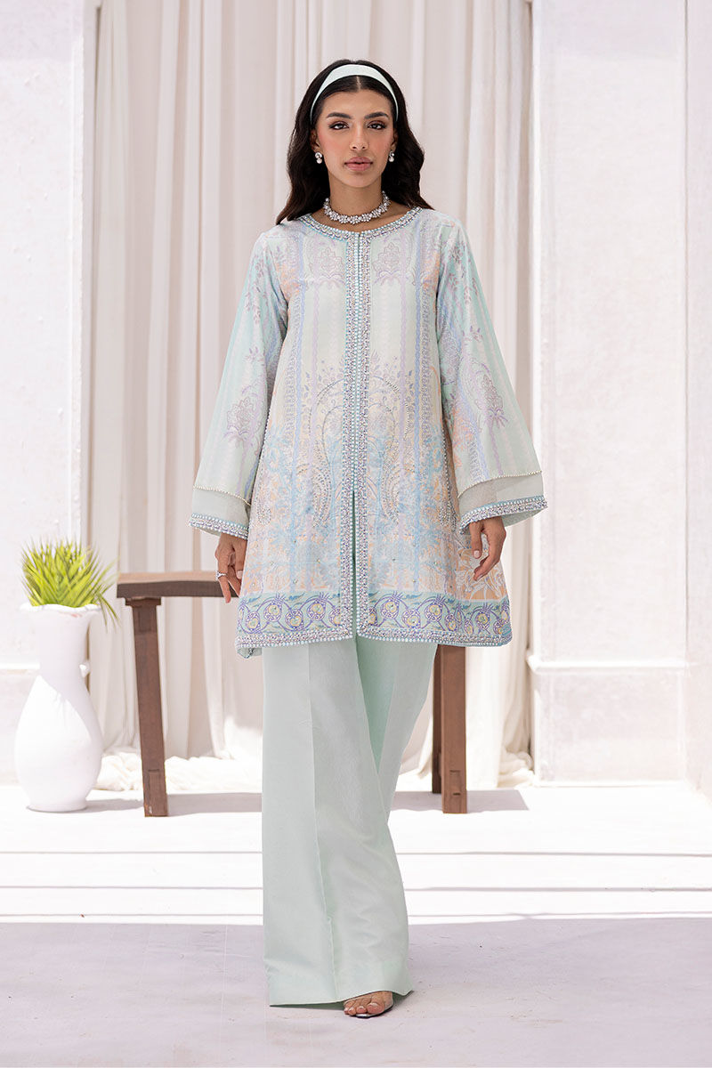 Ice Blue Hand-Embellished Raw Silk Jacket Set (2-Piece) - Image 1