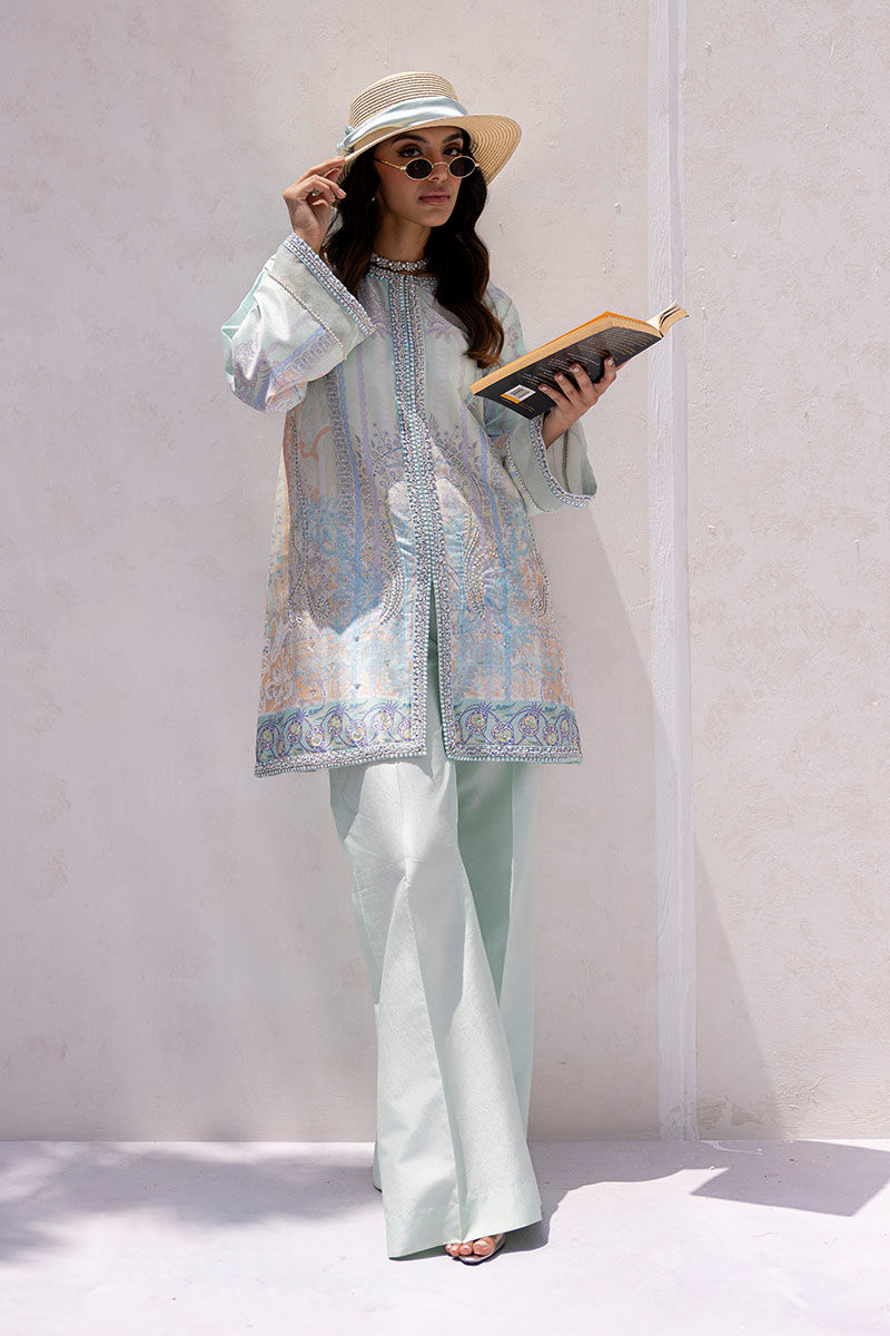 Ice Blue Hand-Embellished Raw Silk Jacket Set (2-Piece) - Image 5