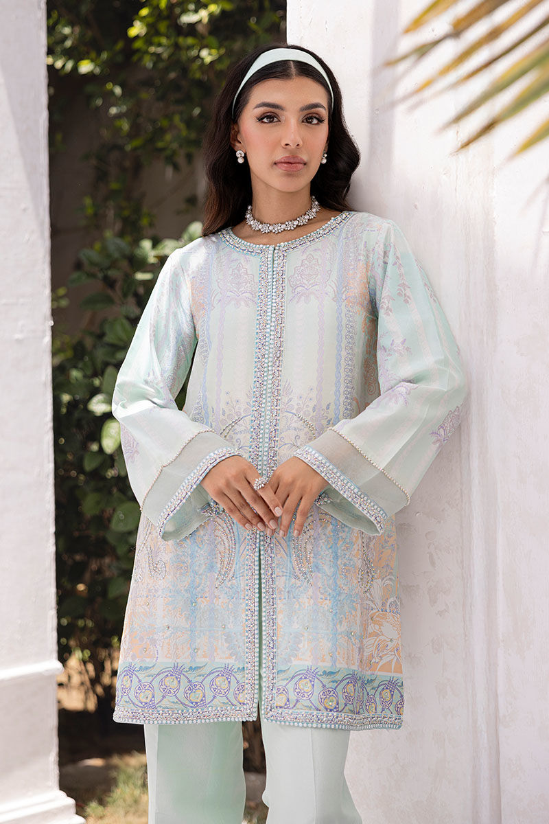 Ice Blue Hand-Embellished Raw Silk Jacket Set (2-Piece) - Image 6