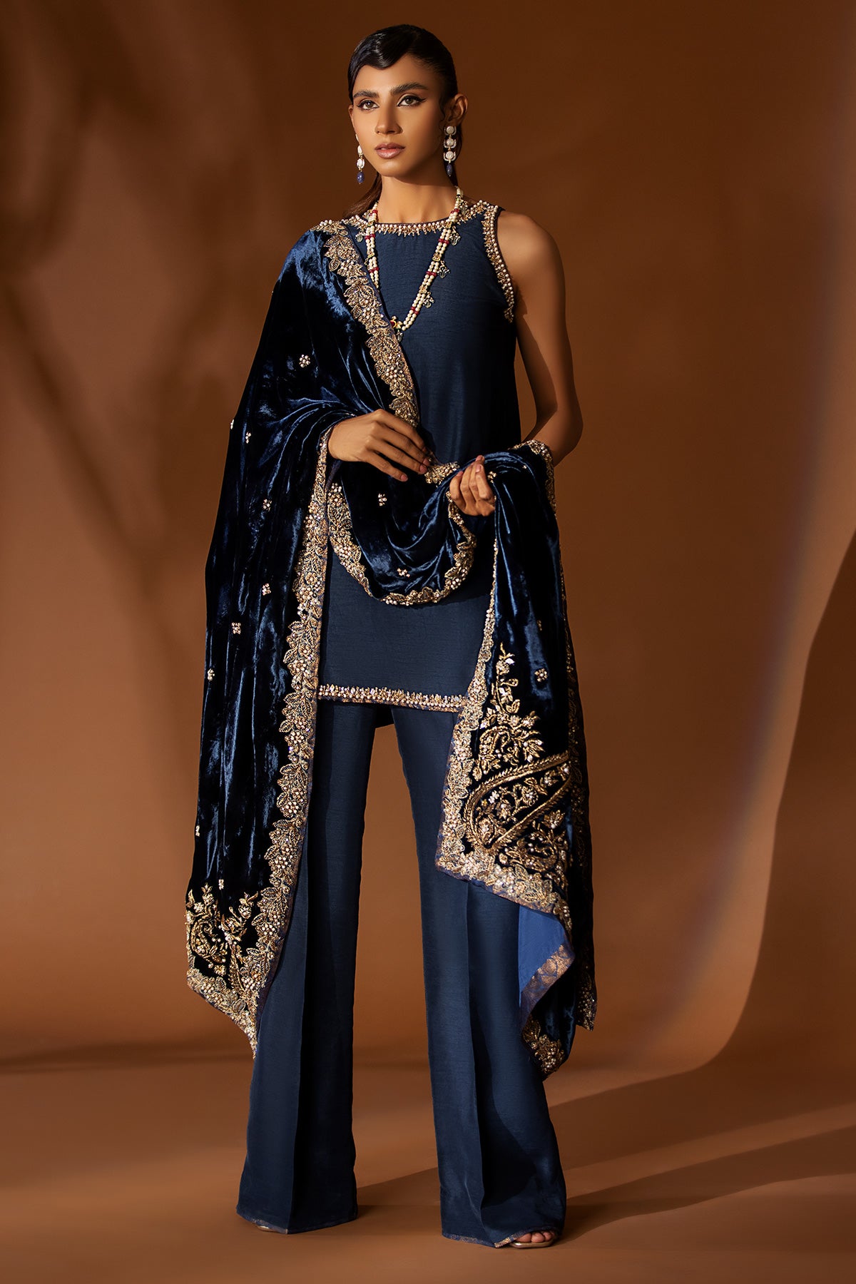 Pakistani Midnight Blue Embellished Raw Silk Salwar Kameez (3-Piece) - Image 1