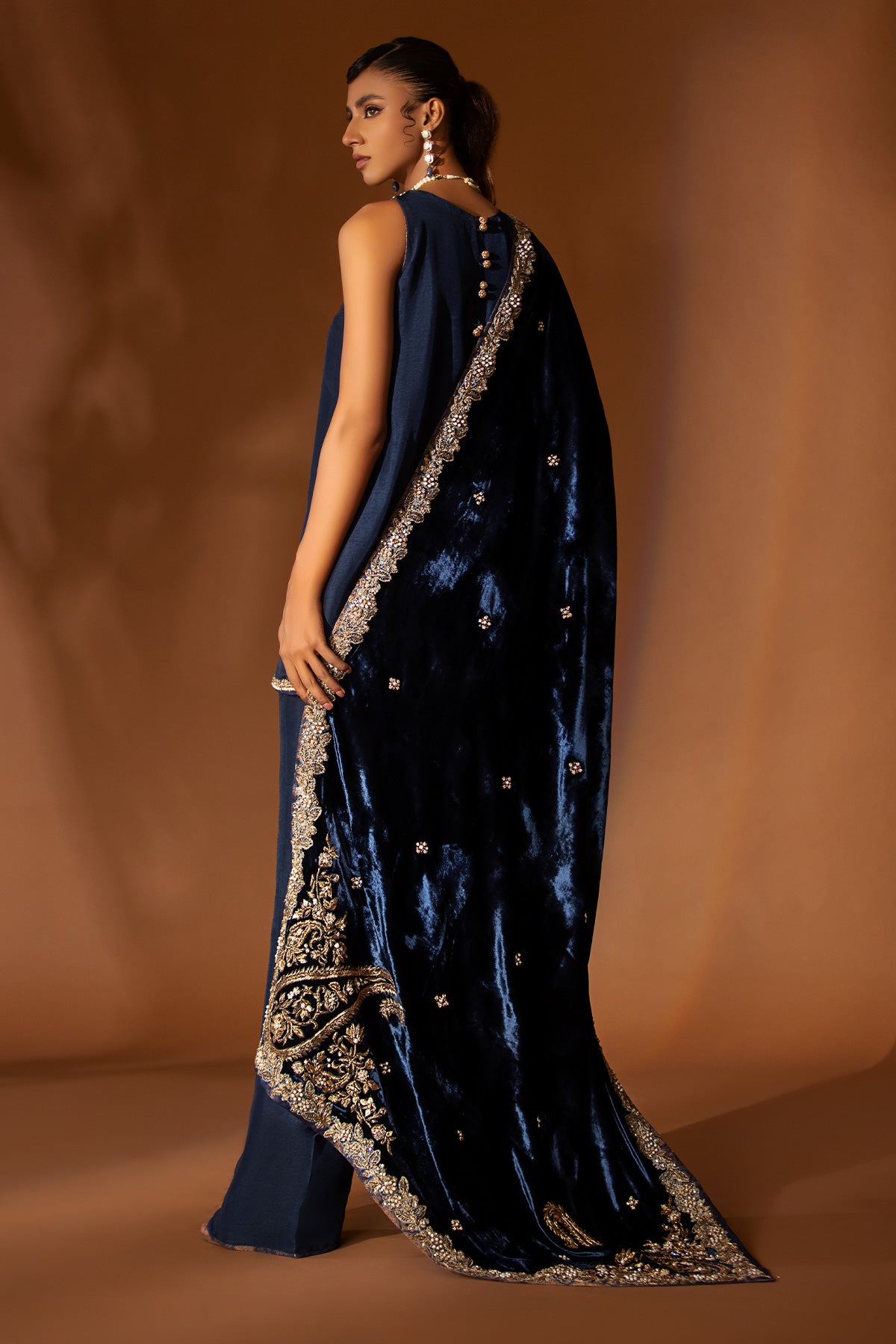 Pakistani Midnight Blue Embellished Raw Silk Salwar Kameez (3-Piece) - Image 2