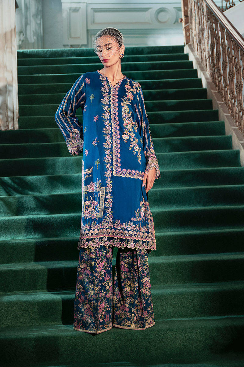Electric Blue Embroidered Raw Silk Salwar Kameez (2-Piece) - Image 1