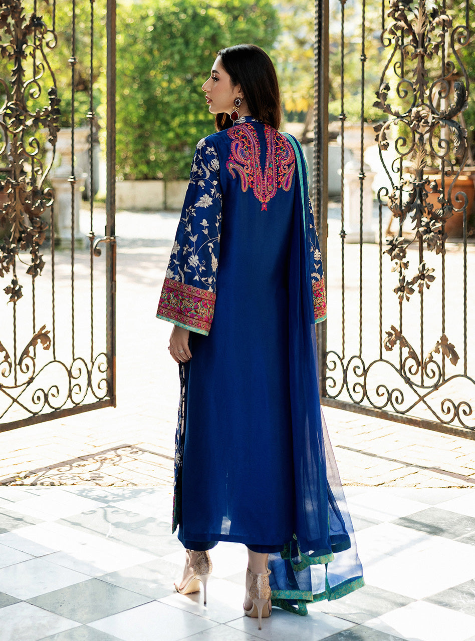 Electric Blue Kashmiri Embroidered Raw Silk Salwar Kameez (3-Piece) - Image 5