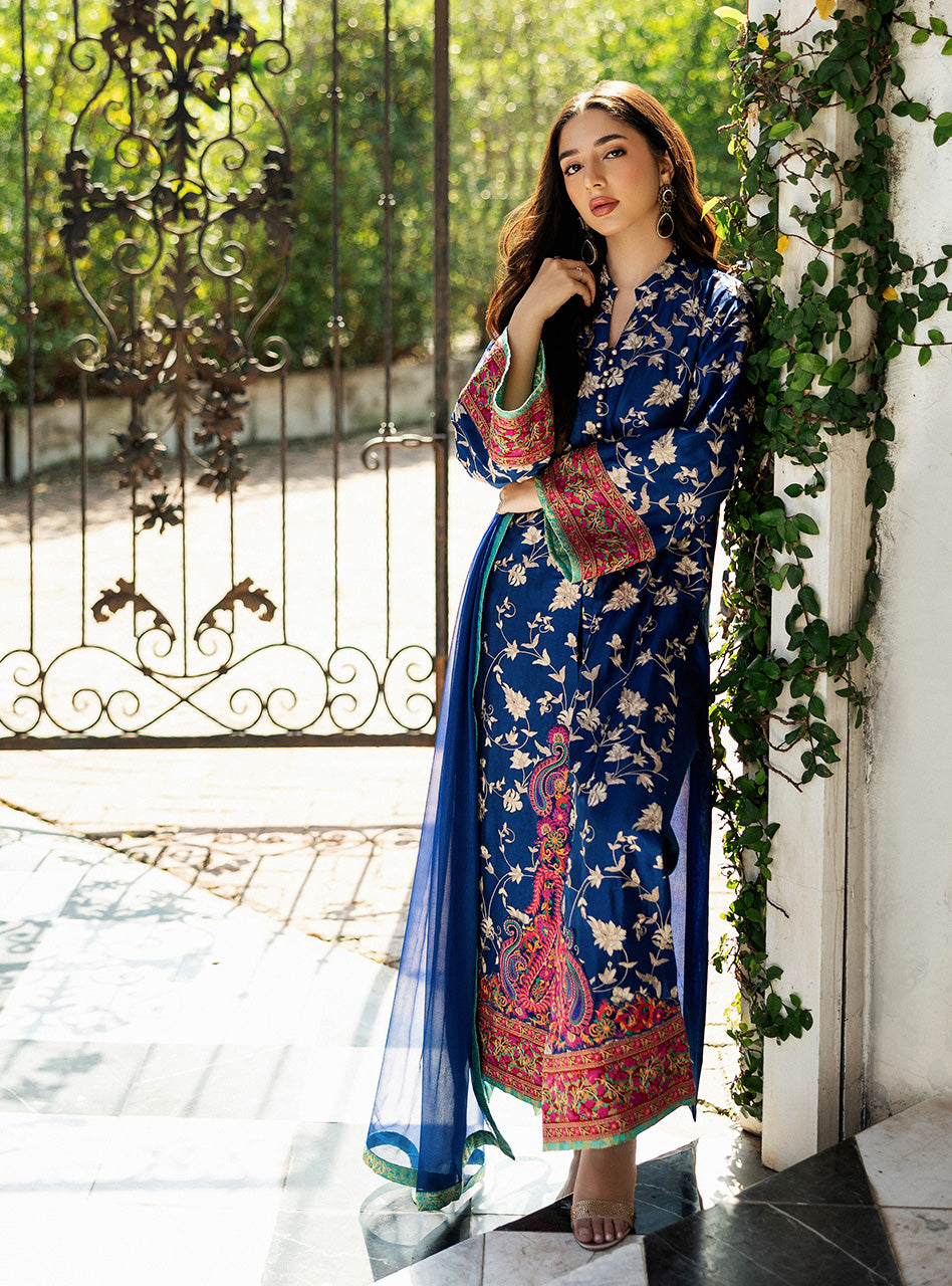 Electric Blue Kashmiri Embroidered Raw Silk Salwar Kameez (3-Piece) - Image 6