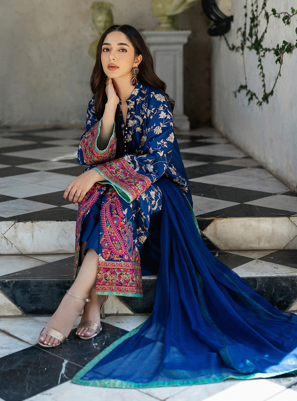 Electric Blue Kashmiri Embroidered Raw Silk Salwar Kameez (3-Piece) - Image 8
