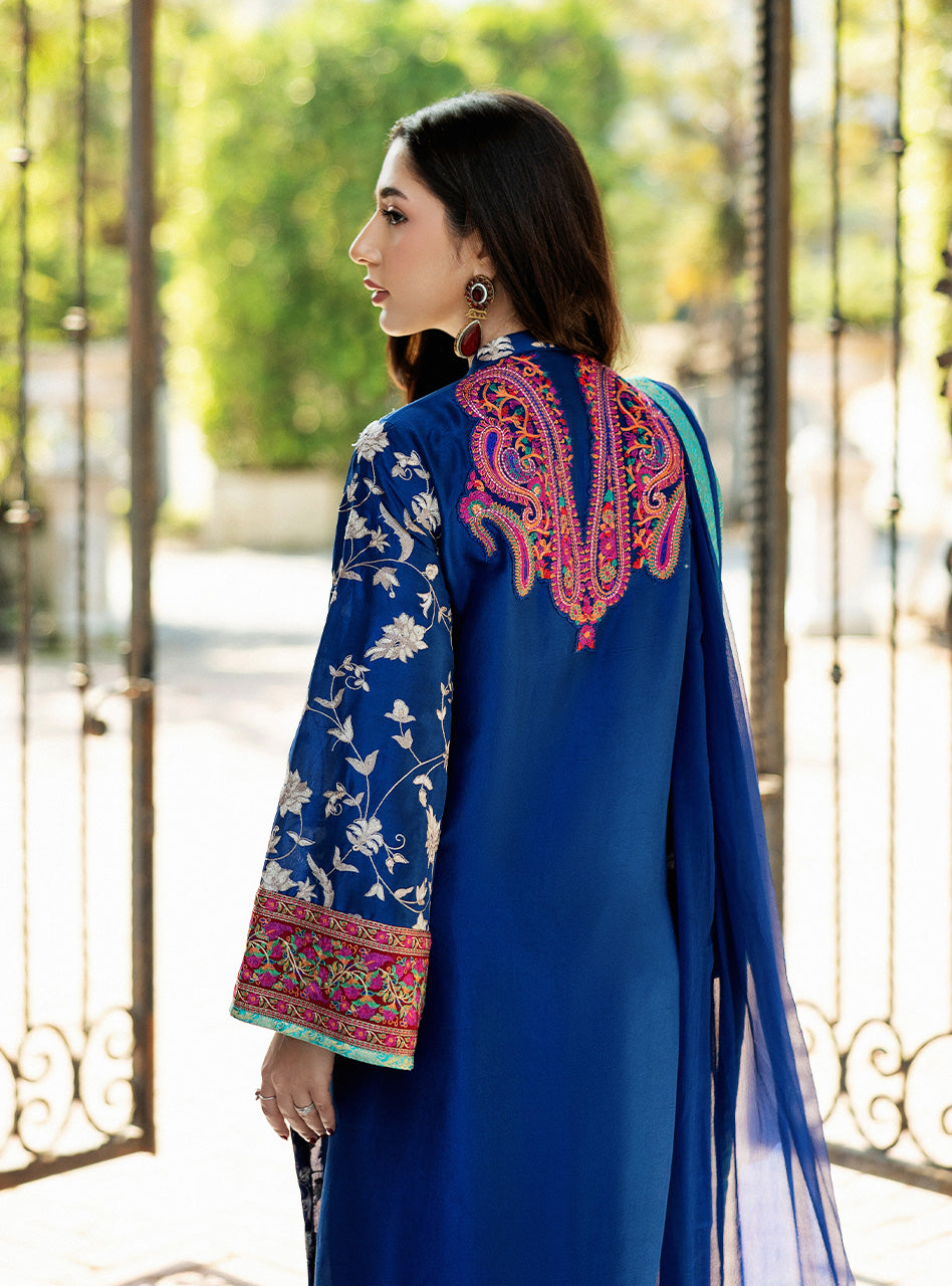 Pakistani Electric Blue Kashmiri Embroidered Raw Silk 3-Piece - Image 3