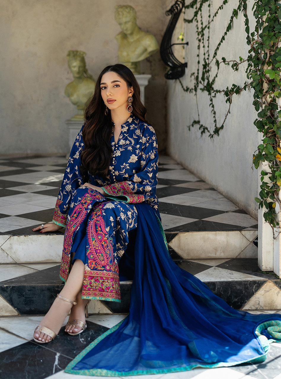 Electric Blue Kashmiri Embroidered Raw Silk Salwar Kameez (3-Piece) - Image 1