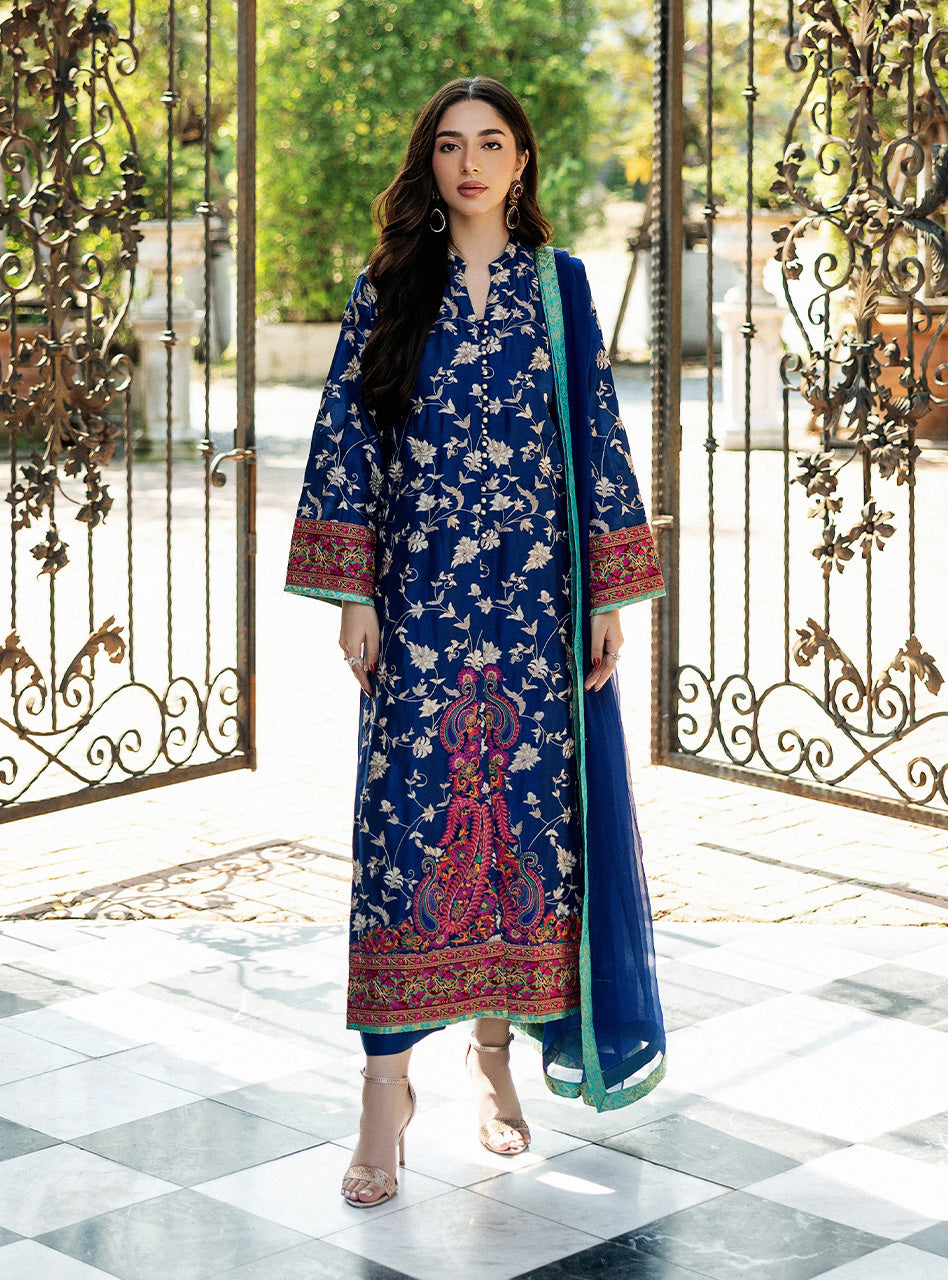Electric Blue Kashmiri Embroidered Raw Silk Salwar Kameez (3-Piece) - Image 3