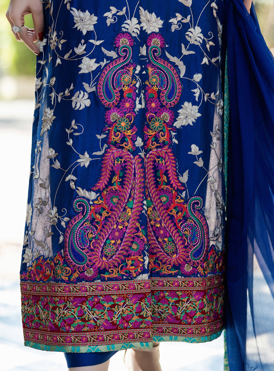 Electric Blue Kashmiri Embroidered Raw Silk Salwar Kameez (3-Piece) - Image 6