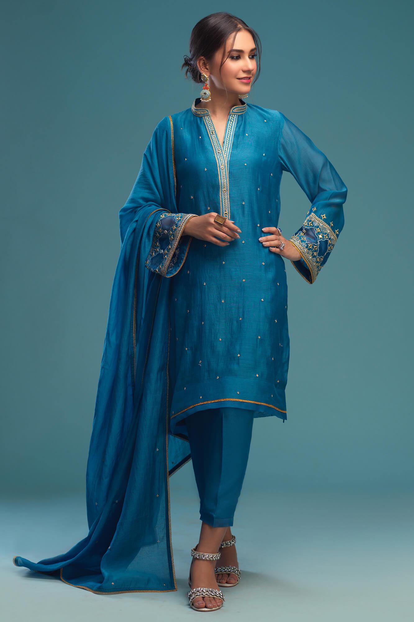Steel Blue Embroidered Raw Silk Salwar Kameez (3-Piece) - Image 2