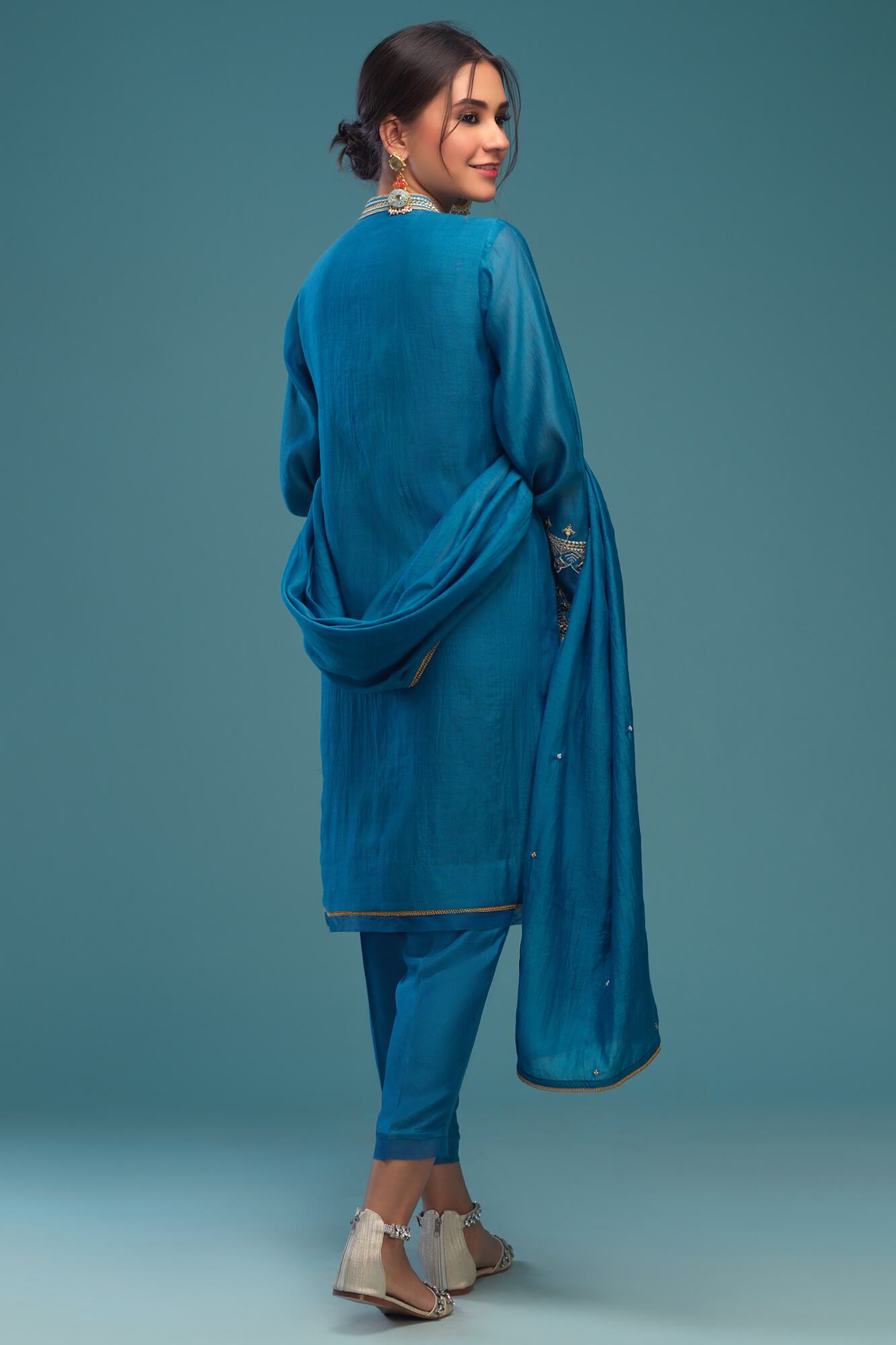 Steel Blue Embroidered Raw Silk Salwar Kameez (3-Piece) - Image 3