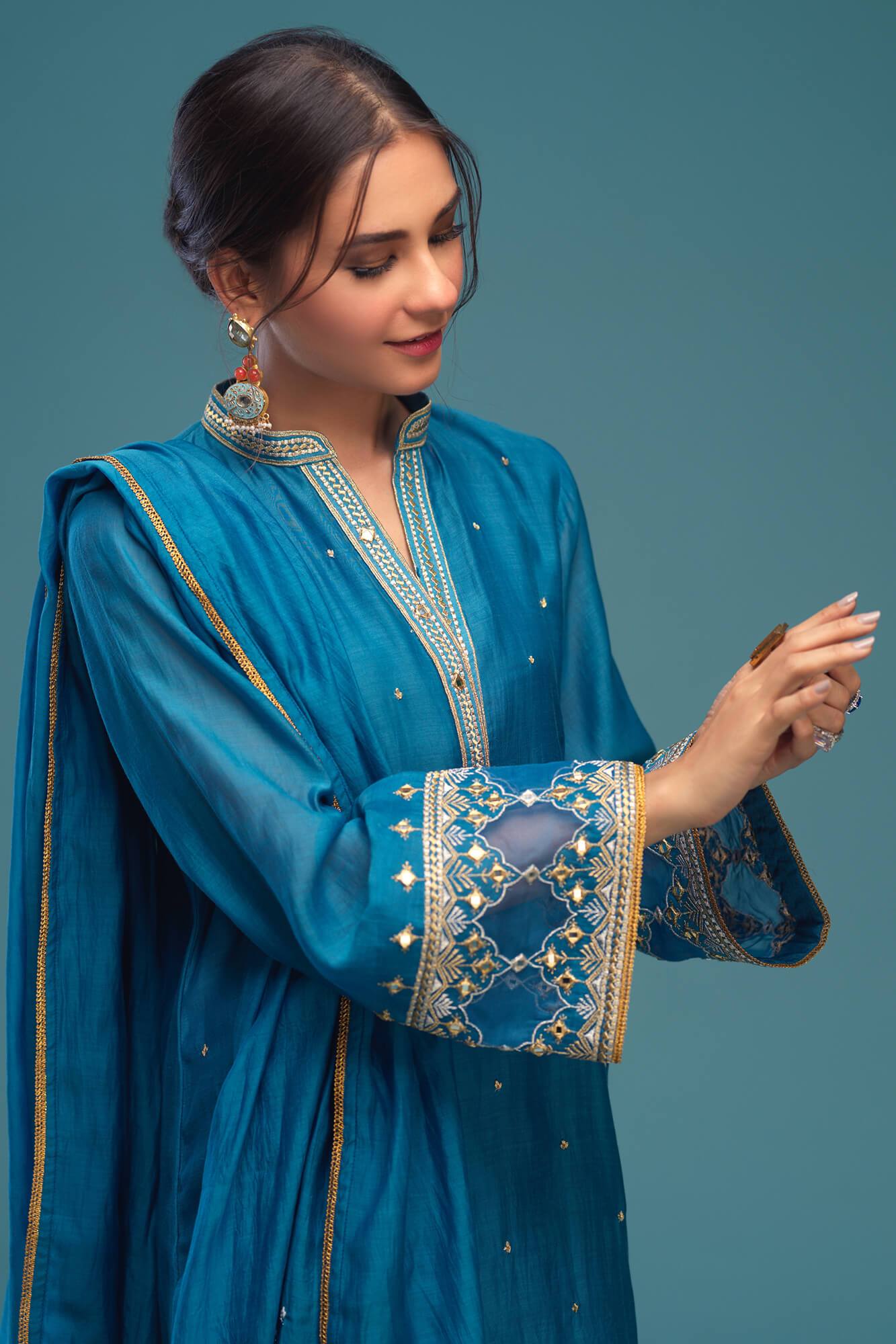Steel Blue Embroidered Raw Silk Salwar Kameez (3-Piece) - Image 4