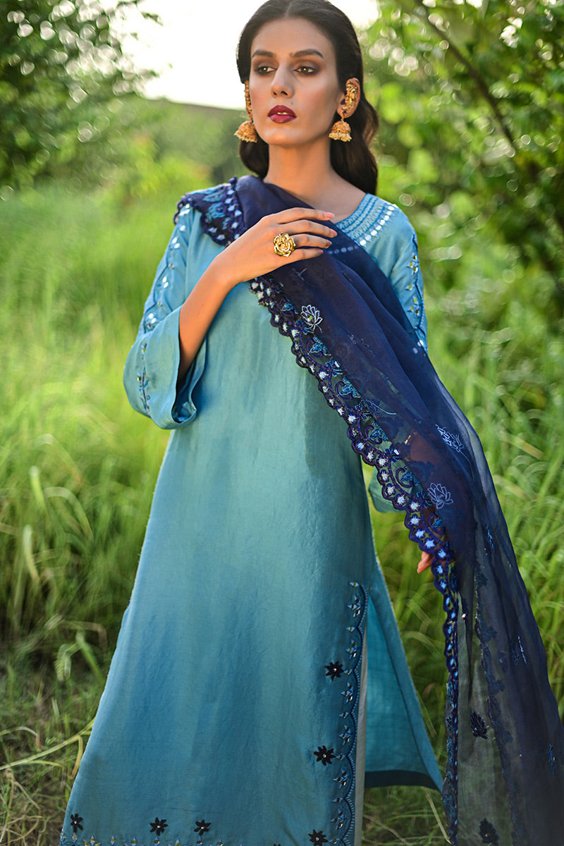 Teal Blue Mirror Work Raw Silk Salwar Kameez (3-Piece) - Image 2